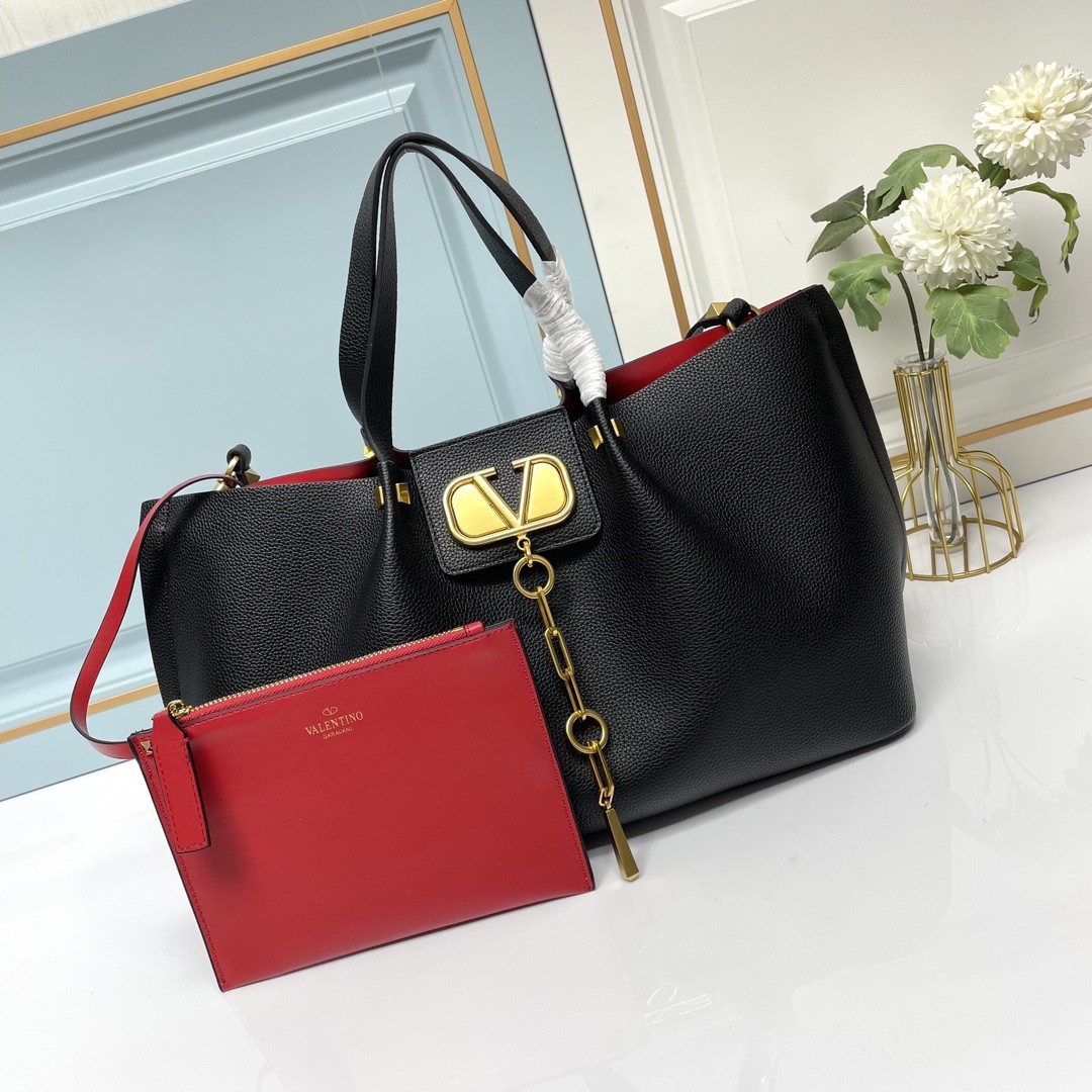 Valentino VLogo Black/Rosso Garavani Escape Grained Leather Gold Chain Tassel Shopping Tote Bag With Pouch - KAIROO