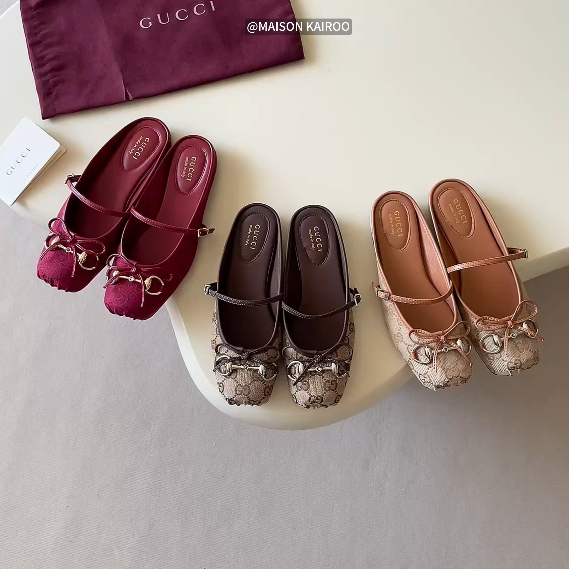 Gucci GG Monogram Canvas Leather Horsebit Bow Square Toe Ballet Flats Mary Jane Mules Sandals - KAIROO