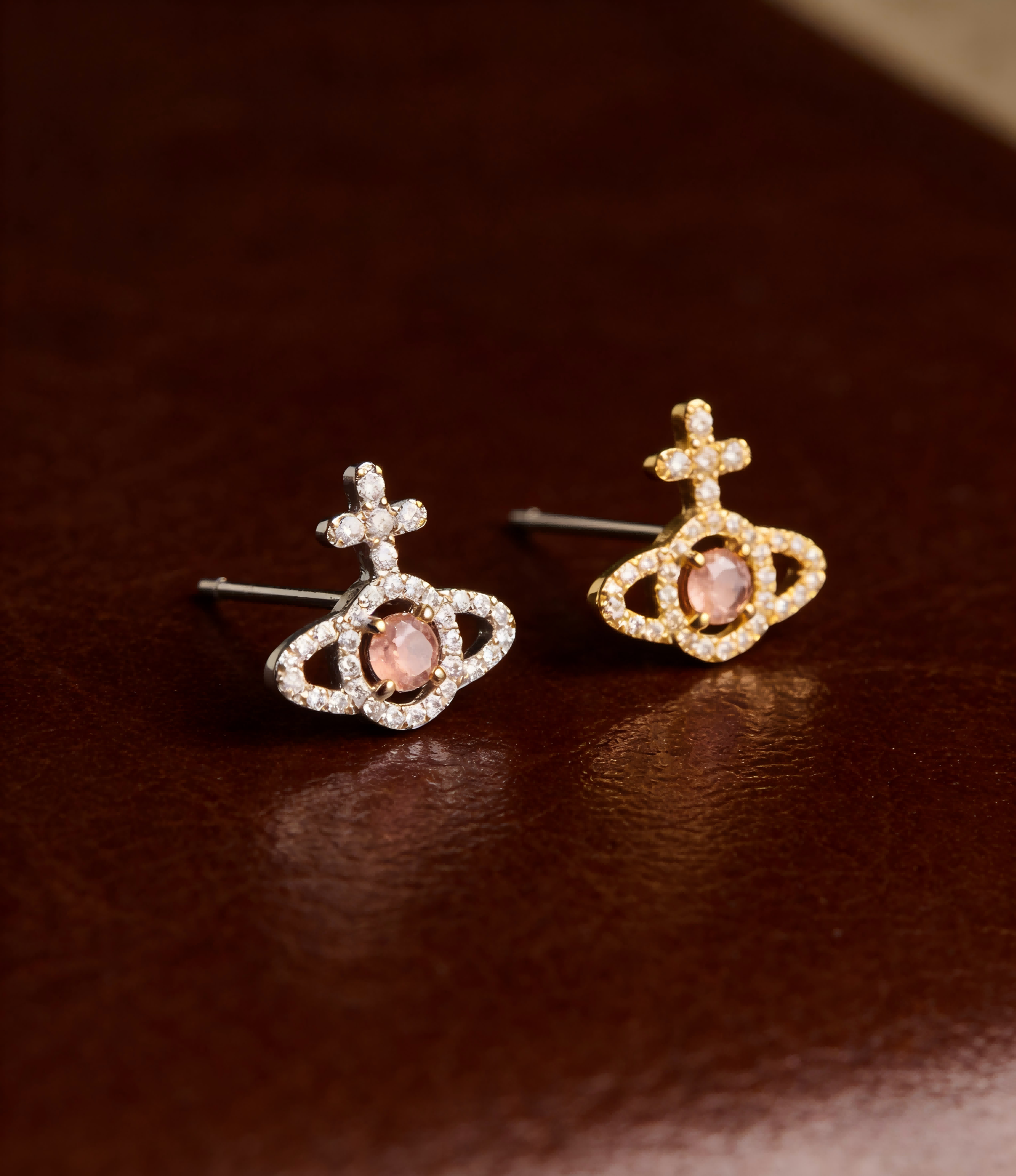 2026 New Vivienne Westwood Style Gold Pink Crystal Saturn Earrings - Dainty Rhinestone Stud Earrings for Women