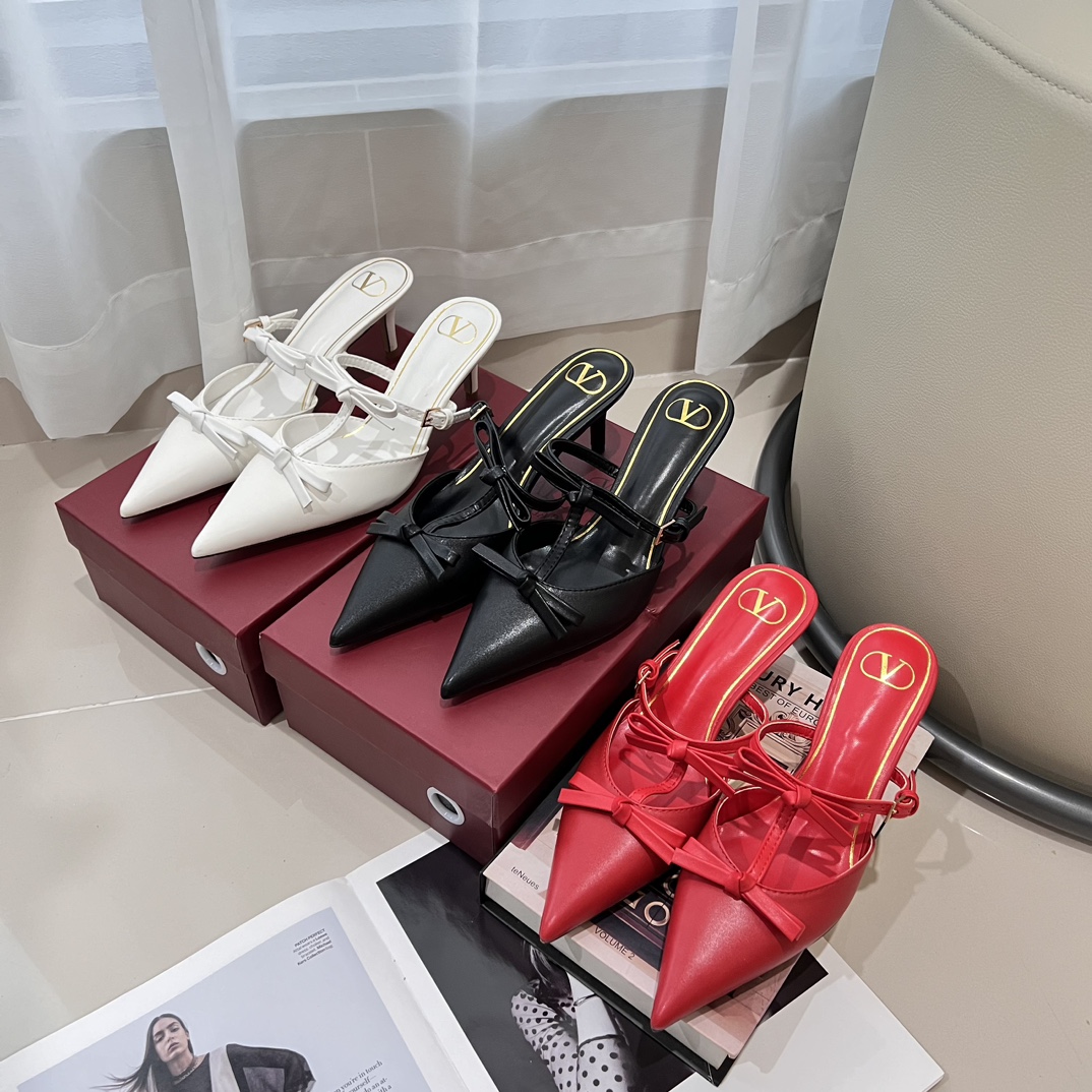 Valentino Garavani Pointed Toe Multi-strap Bow Smooth Leather Kitten Heel Mules - KAIROO