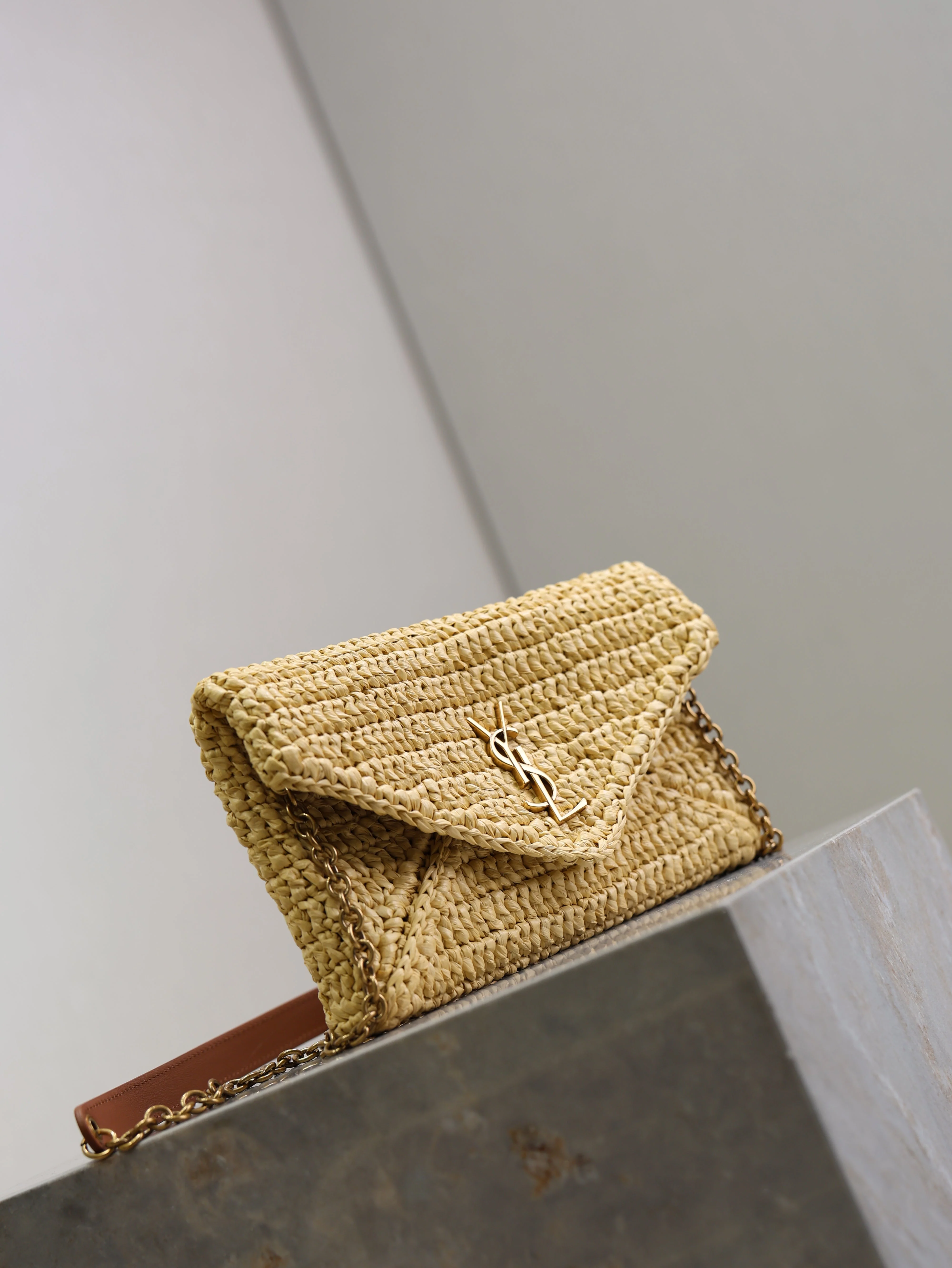 Saint Laurent YSL Calypso Bag 19cm Beige Raffia Leather