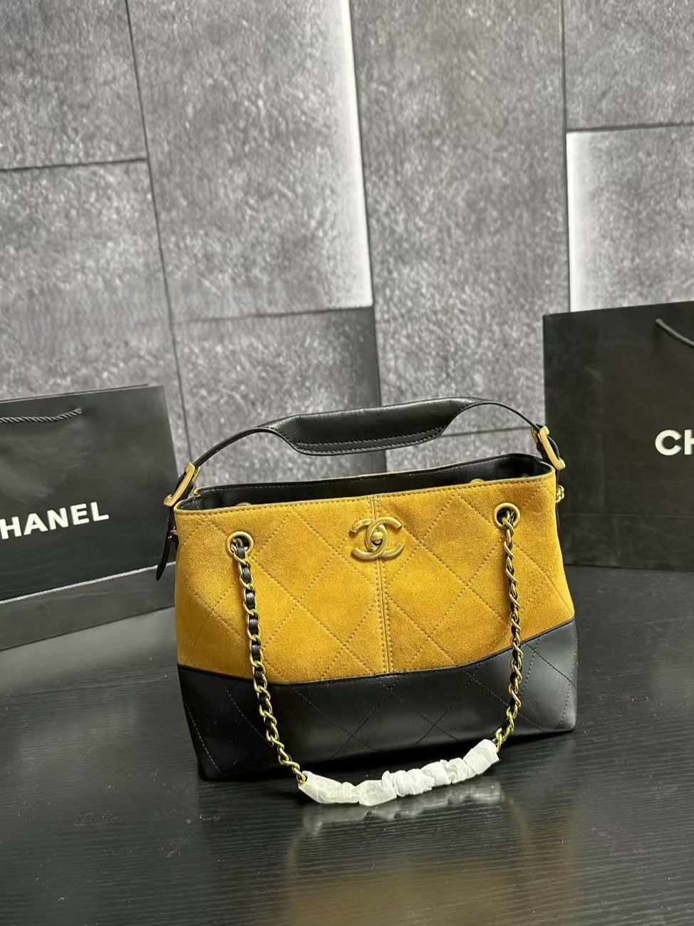 Chanel 25A Small Gabrielle Suede Quilted Leather Handle Turn Lock Hobo Bucket Tote Bag - KAIROO