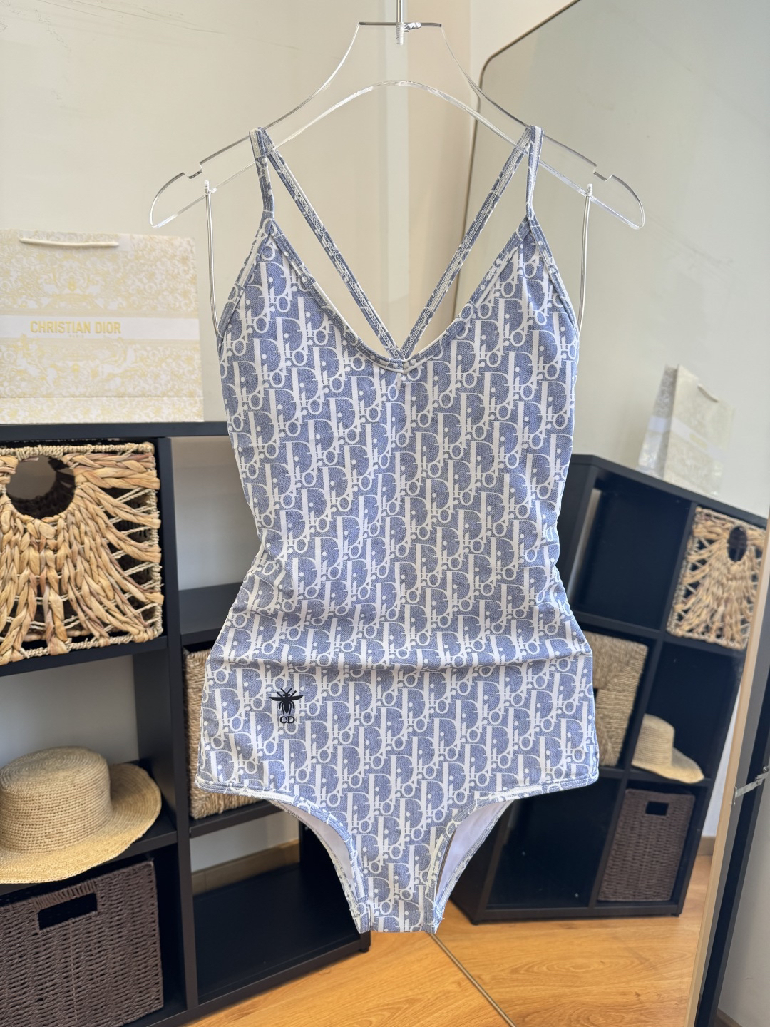 Dior Oblique Denim Blue Print V-Neck Bee Embroidery Strap One-Piece Swimsuit - KAIROO