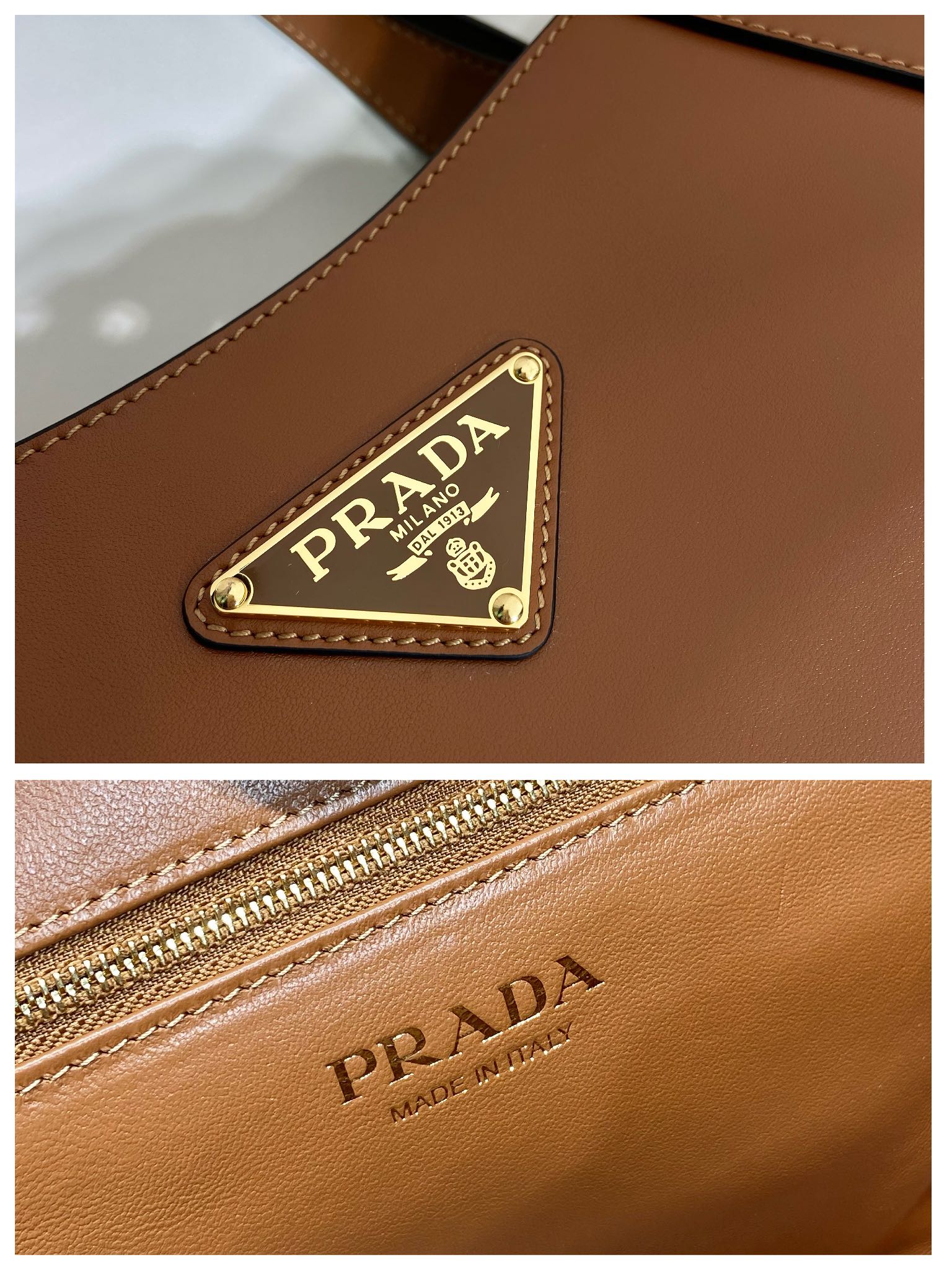 Prada TOTE BAG 28 IN CINNAMON BROWN SHEEPSKIN GOLD LOGO