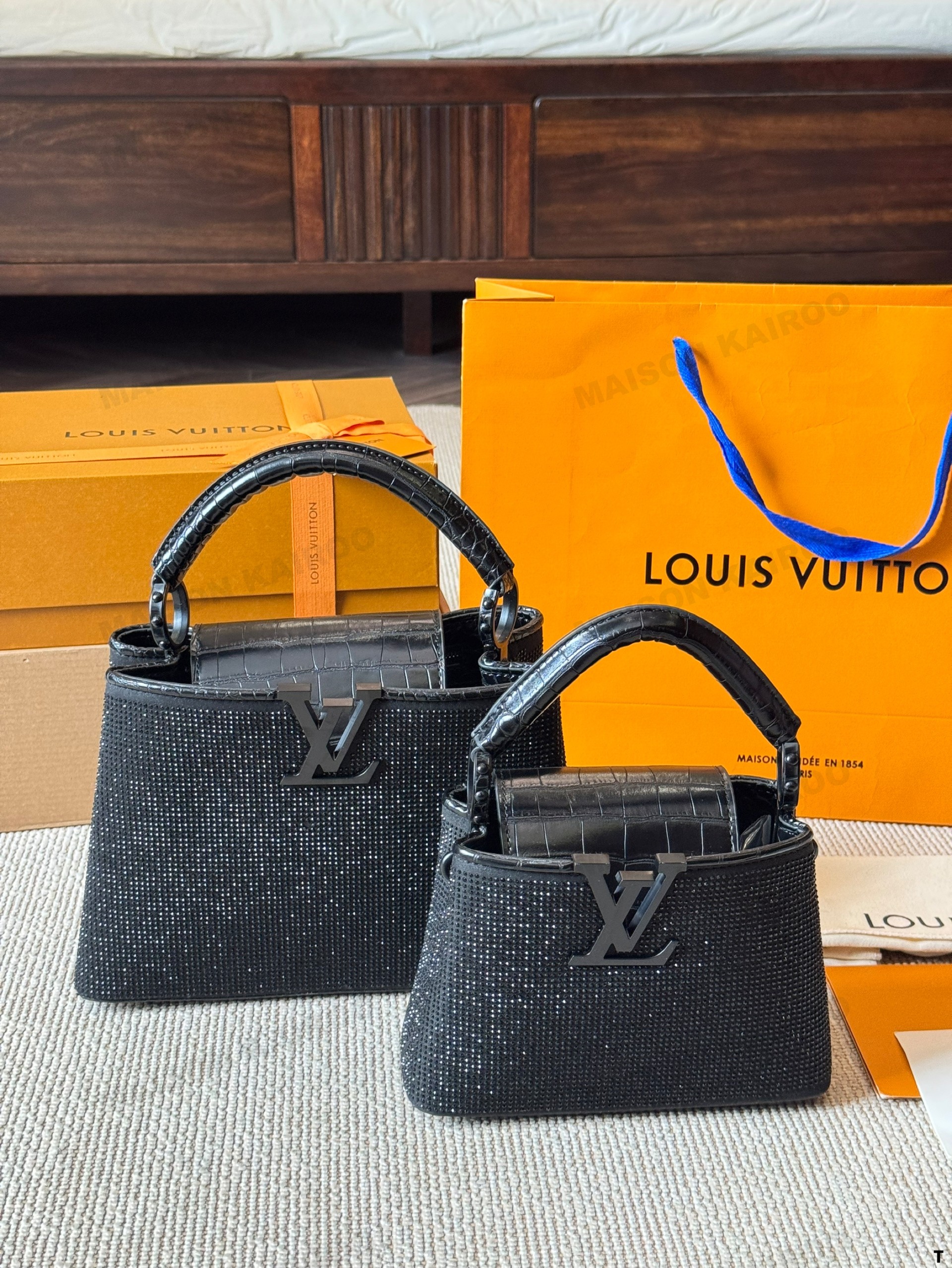 Louis Vuitton LV Capucines BB & Mini Black Full Crystal Croc Embossed Leather Flap Chain Top Handle Bag - KAIROO