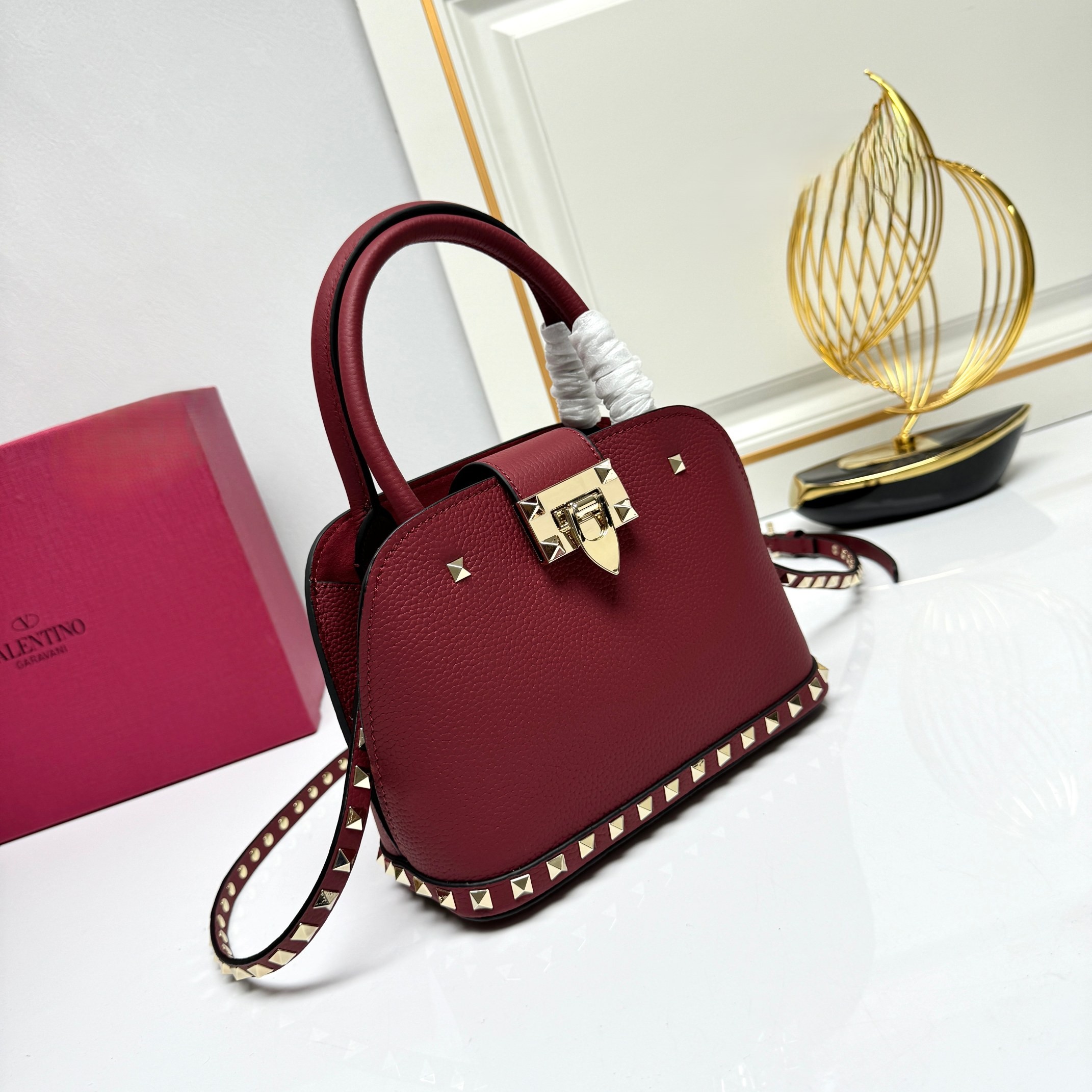 Valentino Rockstud Bordeaux Grained Leather Studded Flip-lock Handle Crossbody Dome Bag - KAIROO