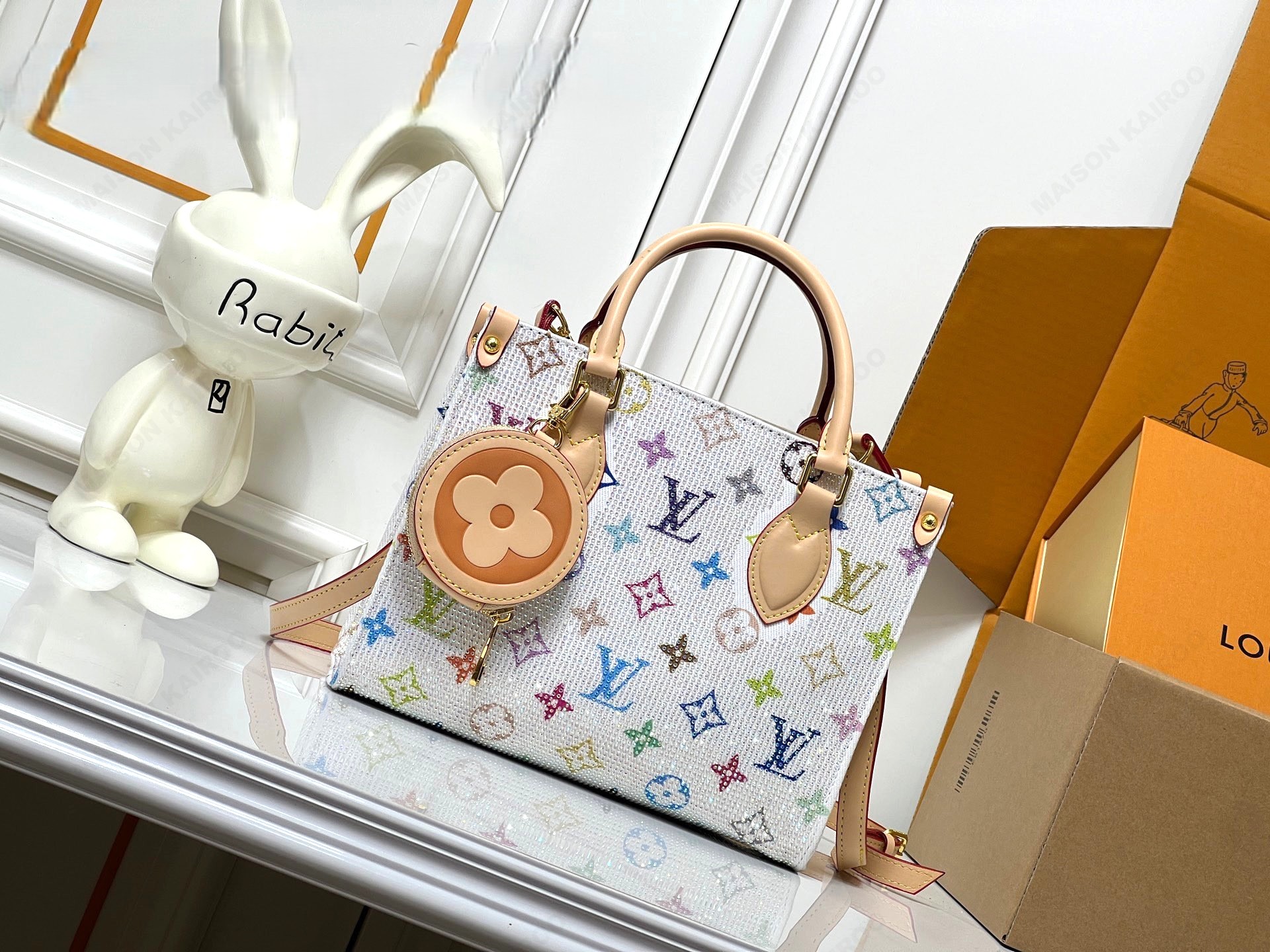 Louis Vuitton LV x TM OnTheGo PM White Multicolor Monogram Crystal Embellished Canvas Top Handle Tote Bag - KAIROO