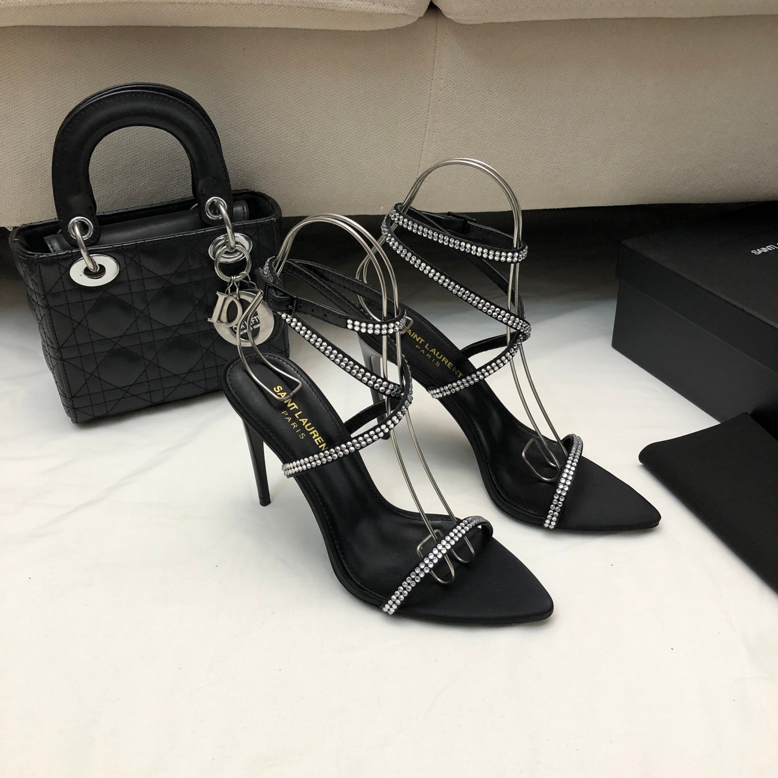 Saint Laurent YSL J'Adore Satin Full Crystal Embellished Pointed Toe Ankle Strap Crisscross Stiletto Heels Sandal - KAIROO