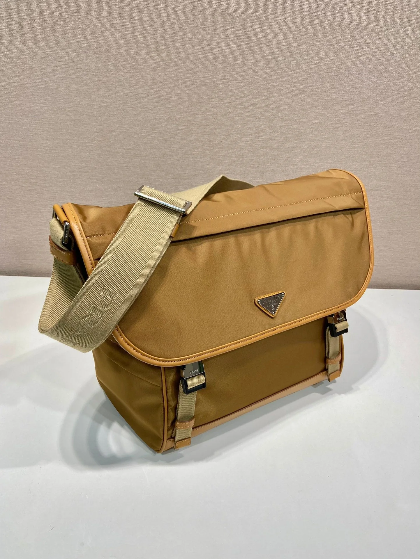 Prada LARGE FLAP BAG 30 IN CIDER BROWN RE-NYLON AND CALFSKIN TRIM