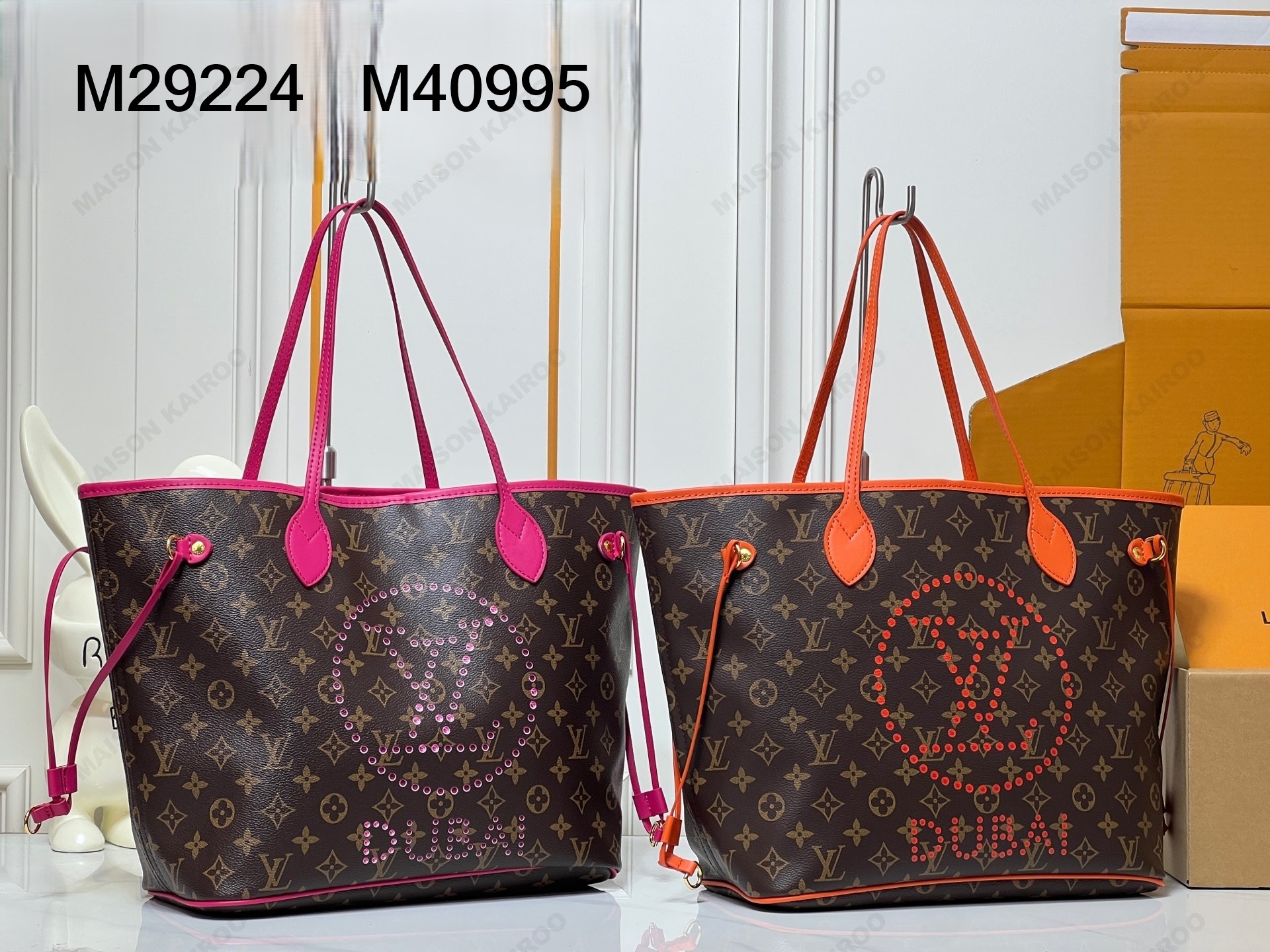 Louis Vuitton LV Neverfull MM Monogram Faux Rhinestone Graphic DUBAI Logo Tote Bag With Pouch - KAIROO