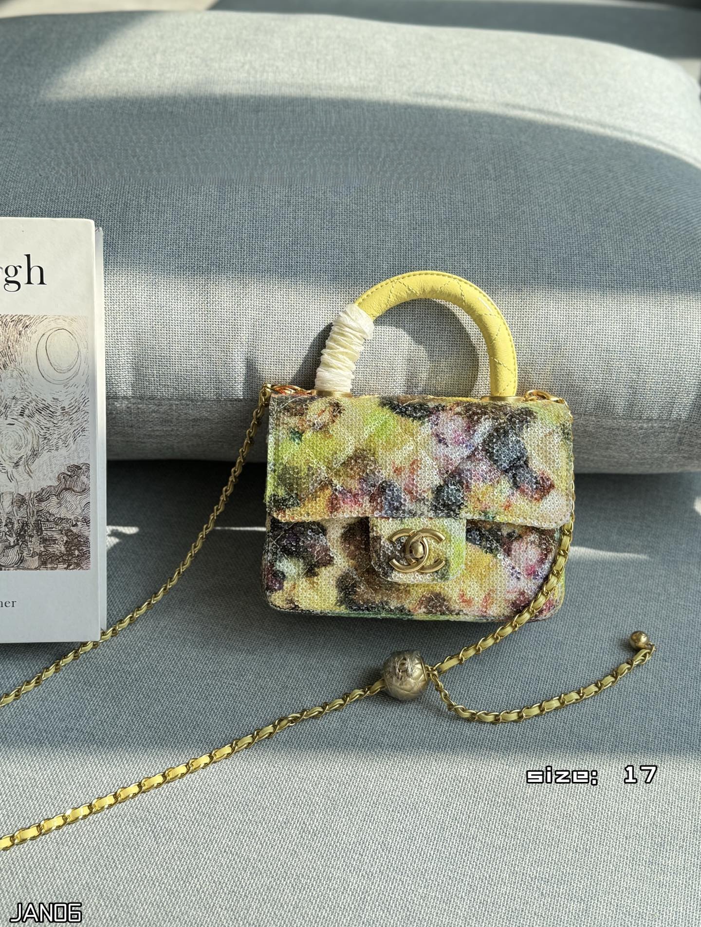 Chanel CF Handle Mini Square 17CM Sequin Embroidered Floral Gold Ball Pearl Crush Quilted Flap Bag - KAIROO