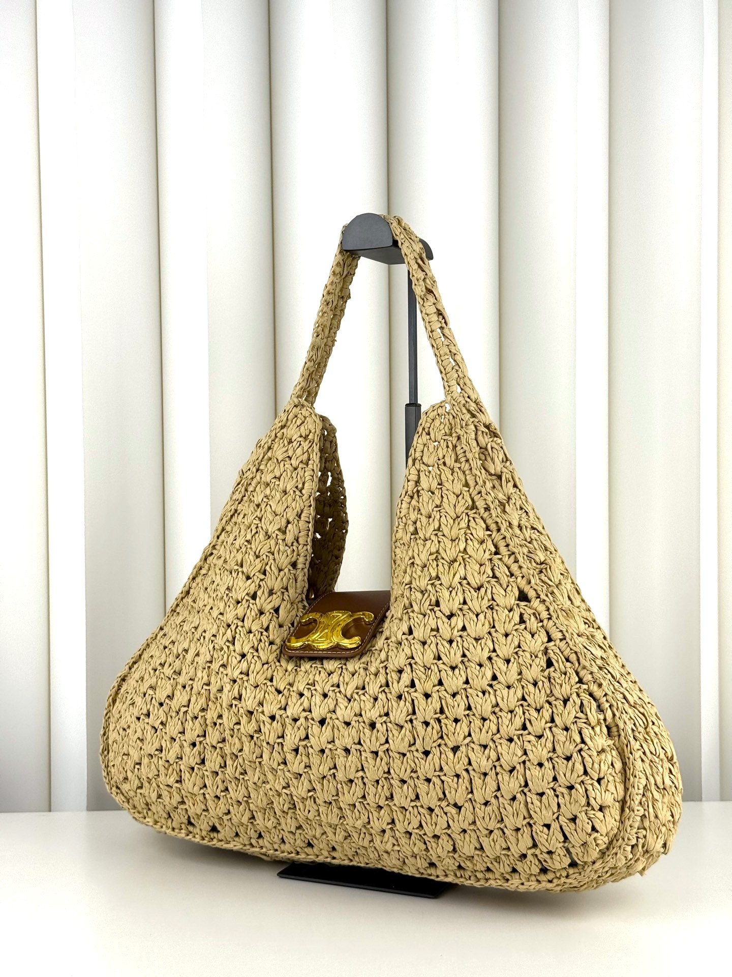 Celine Small Heloise Woven Raffia Gold Triomphe Buckle Oversized Hobo Bag - KAIROO