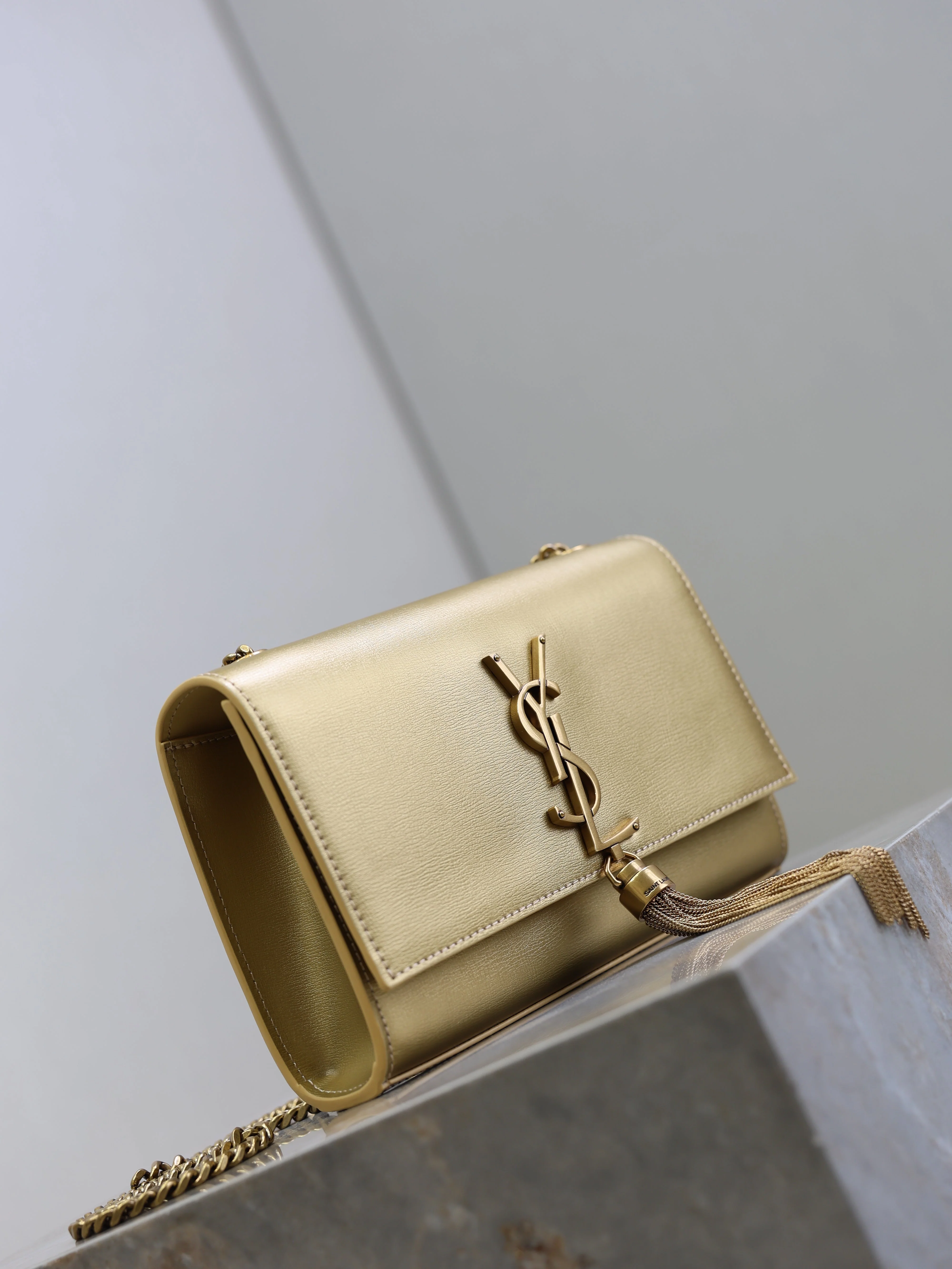 Saint Laurent YSL Kate Small Bag 20cm Gold Metallic Calfskin.
