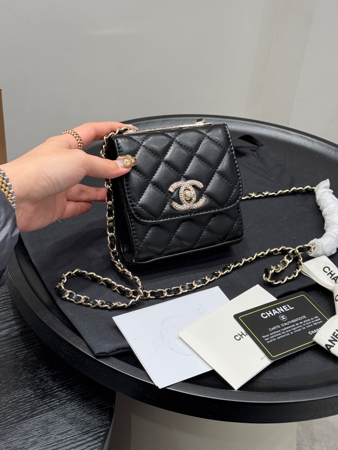 Chanel Trendy CC Mini Square 11CM Crystal Logo Top Bar Earphone Case Chain Crossbody Bag - KAIROO