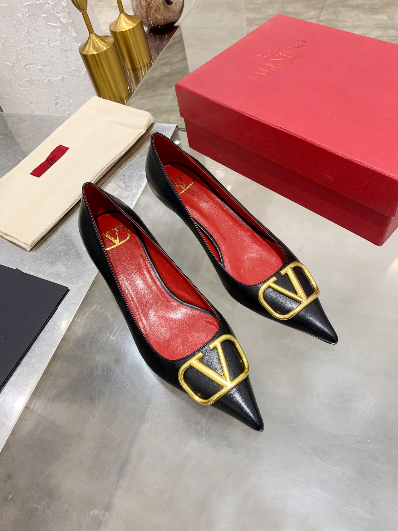 Valentino Garavani Black Pointed Toe Gold VLogo Red Leather Lining Kitten Heels - KAIROO