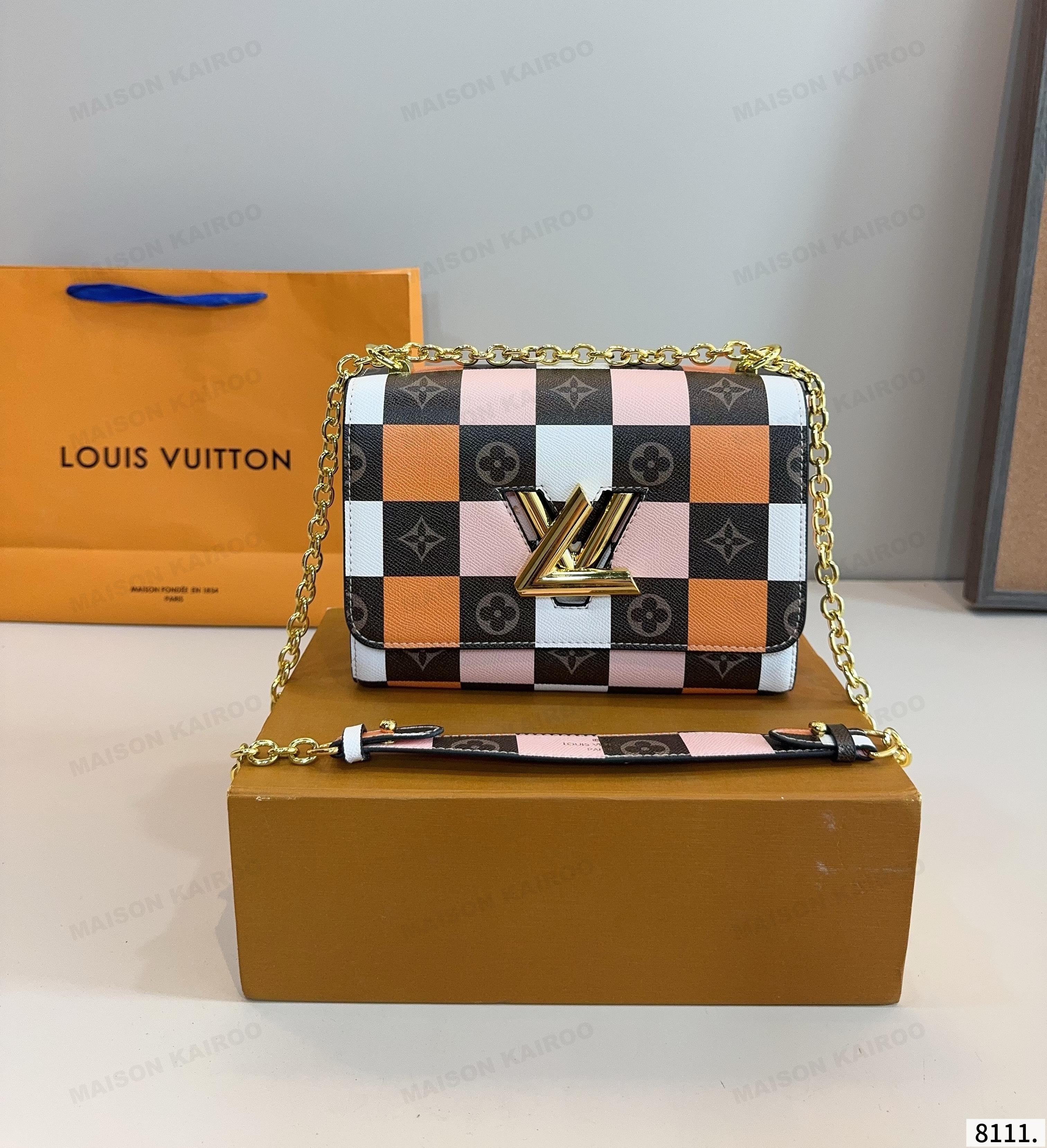 Louis Vuitton LV Twist Lock MM Damier Orange Pink White Checkerboard Canvas Shoulder Bag - KAIROO