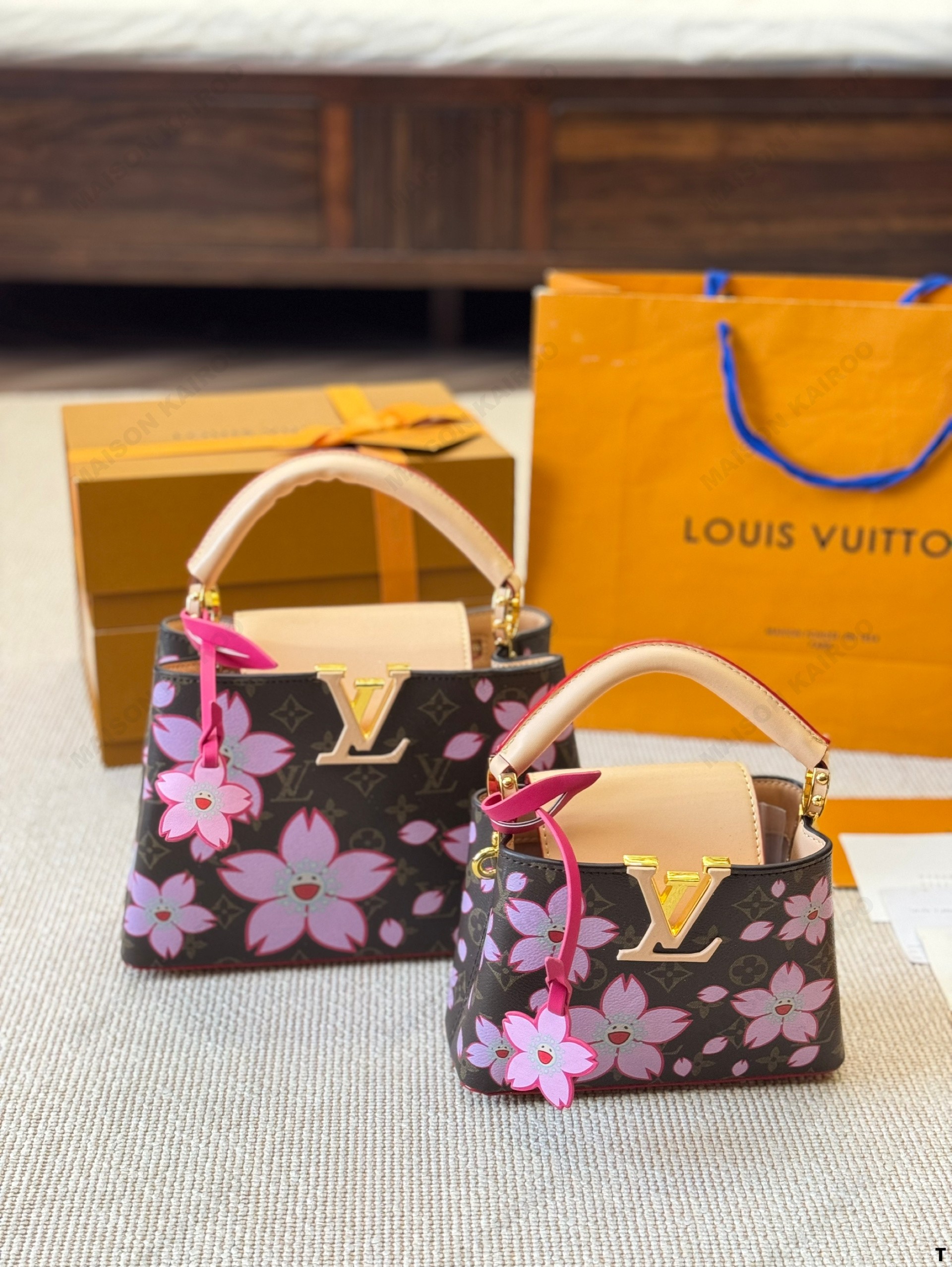 Louis Vuitton LV x TM Capucines BB/Mini Cherry Blossom Monogram Canvas Vachetta Leather Top Handle Bag - KAIROO