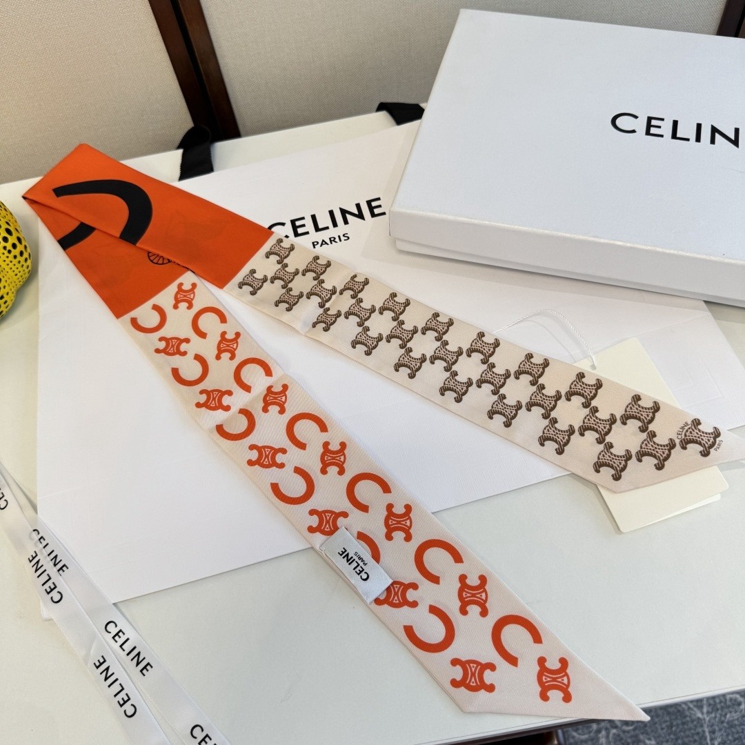 Celine Orange Sulky Carriage Monogram Print Silk Twill Skinny Scarf - KAIROO