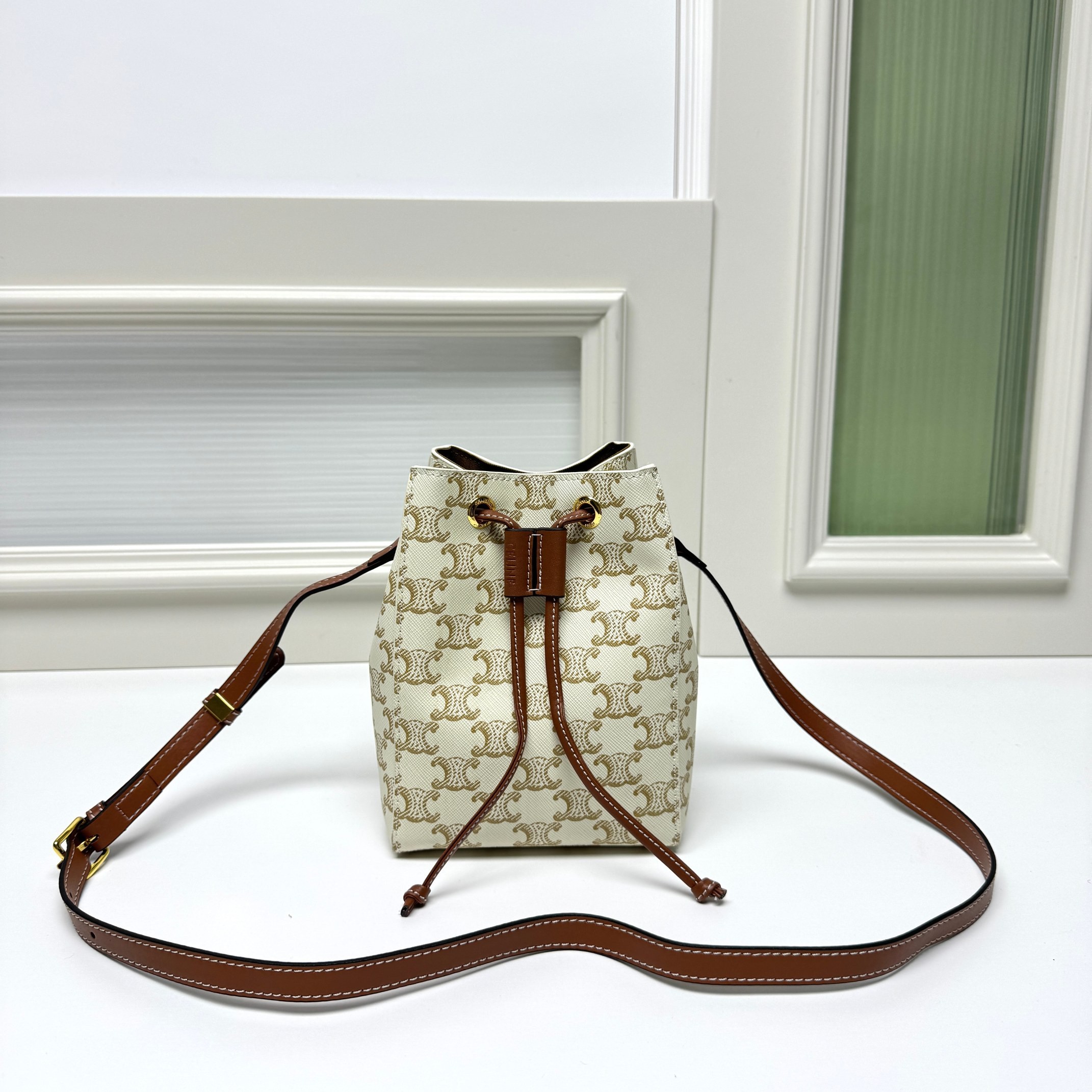 Celine Small Triomphe Monogram Canvas Leather Trim Crossbody Drawstring Bucket Bag - KAIROO