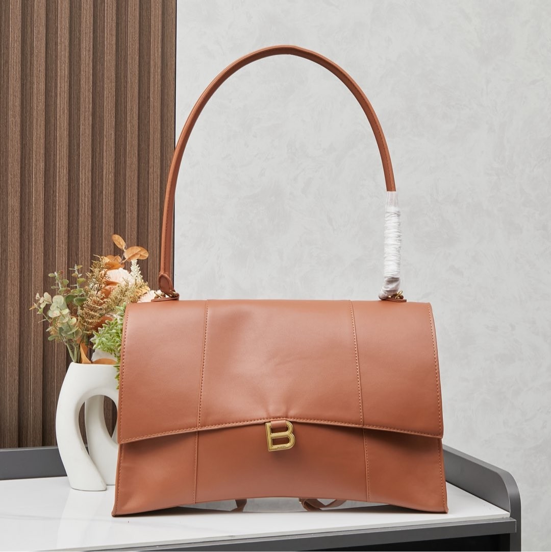 Balenciaga Large/Medium Soft Smooth Leather B-Logo Curved Base Rectangular Flap Shoulder Hourglass Bag - KAIROO