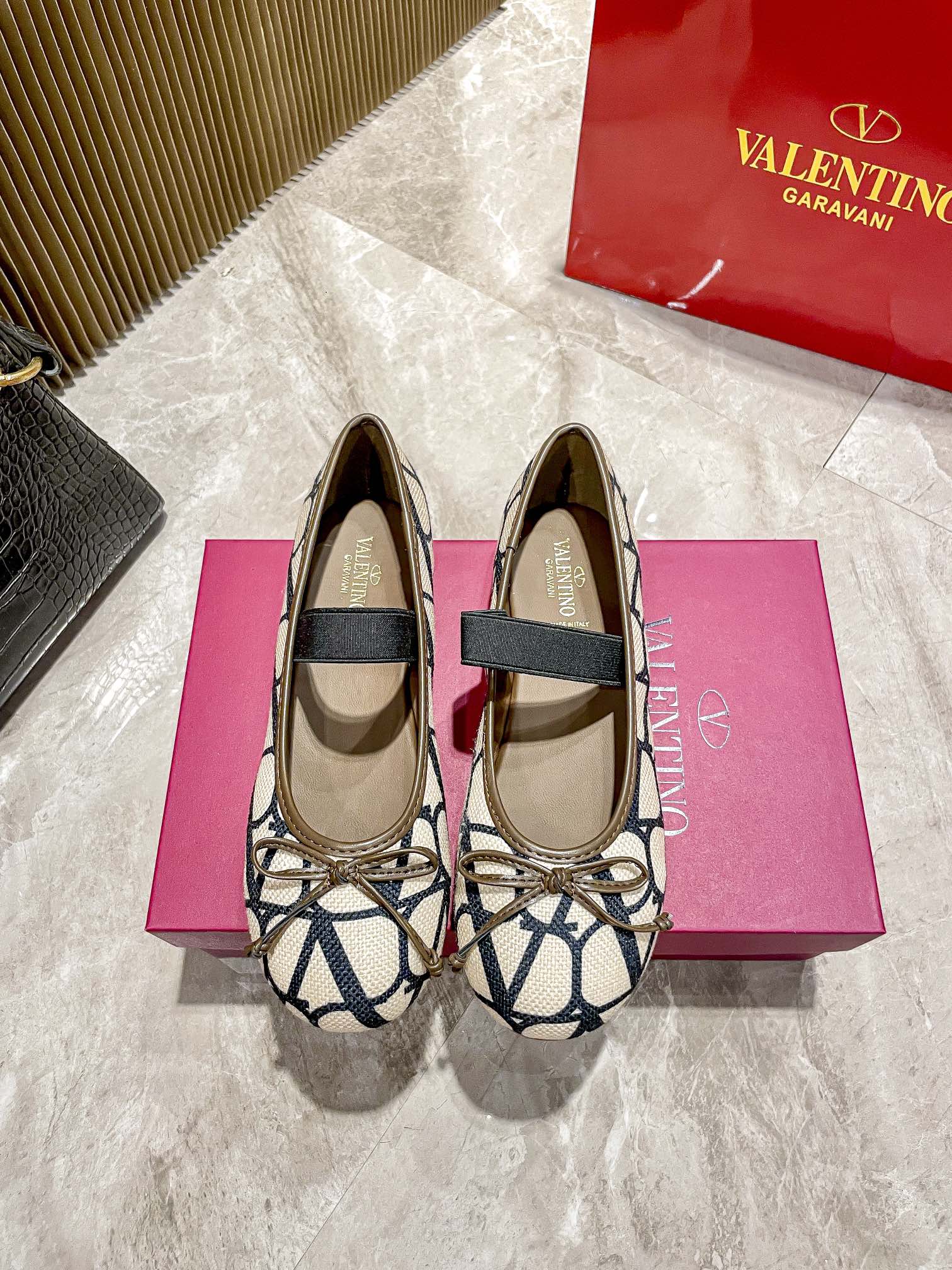 Valentino Garavani Toile Iconographe VLogo Beige Canvas Bow Detail Mary Jane Ballet Flats - KAIROO