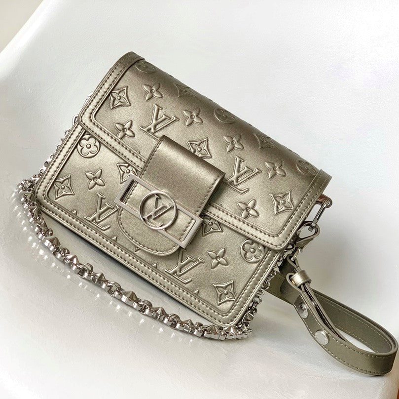 LV Dauphine Bag 20cm Metallic Sliver Monogram Embossed Cafskin