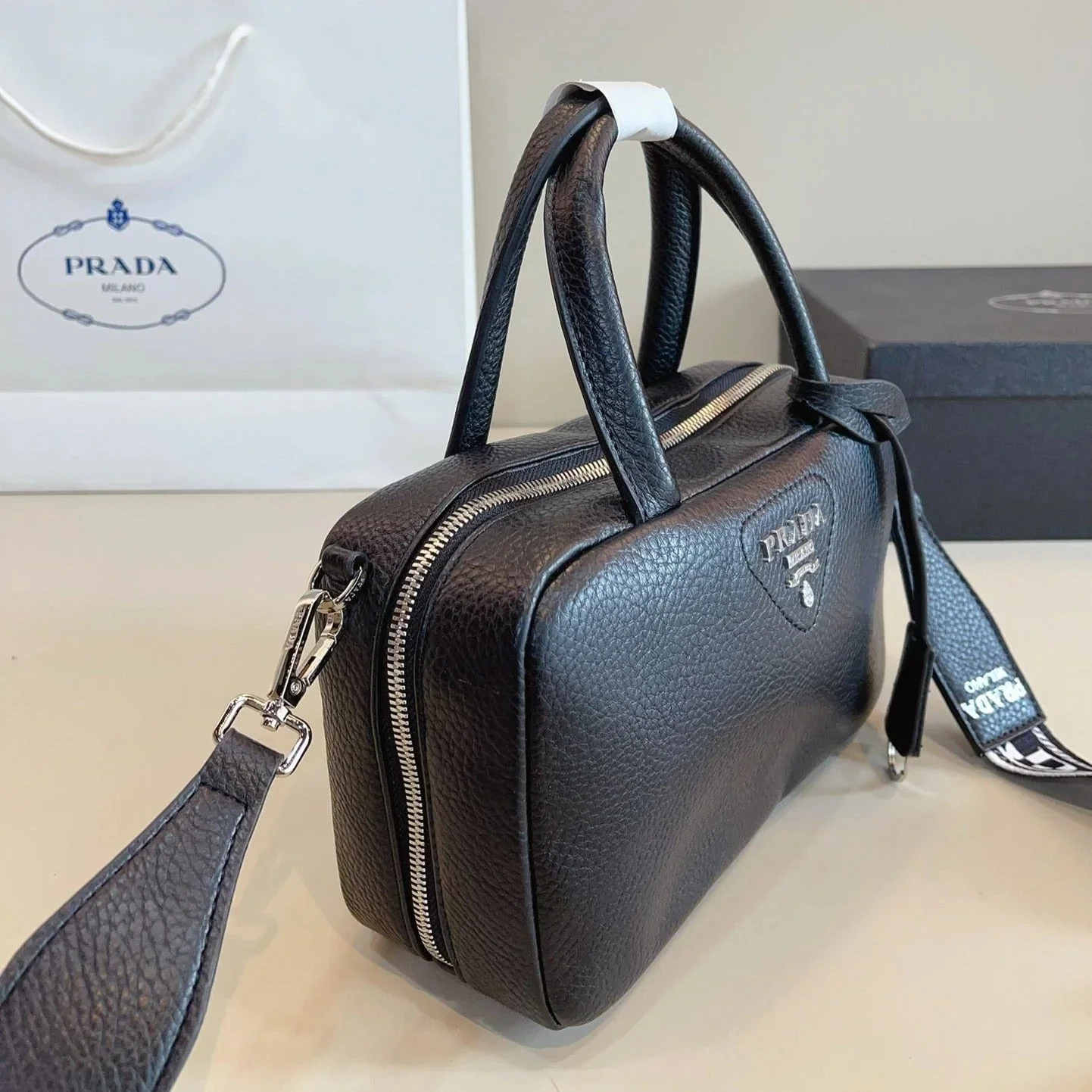Prada CLASSIC BOSTON BAG 25 IN BLACK GRAINED CALFSKIN