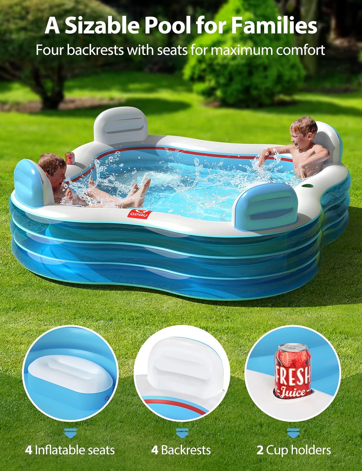 QPAU Inflatable Swimming Pool, Full-Sized Blow Up Pool with Seats and Backrests, Kiddie Pool for Outdoor & Backyard, for Family Summer Time Fun, Clear Blue
