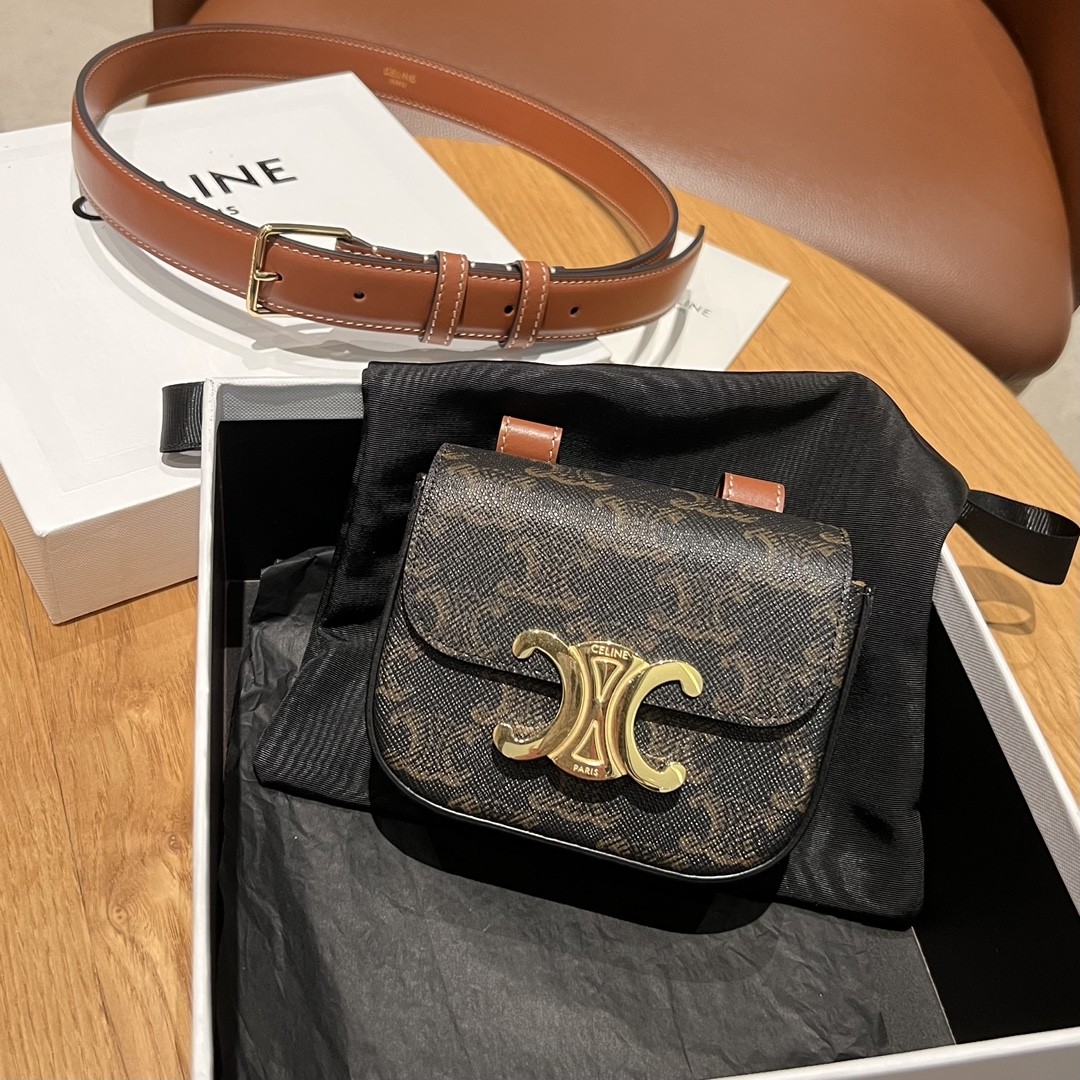Celine Triomphe Monogram Canvas Leather Metallic Buckle Versatile Belt Bag - KAIROO