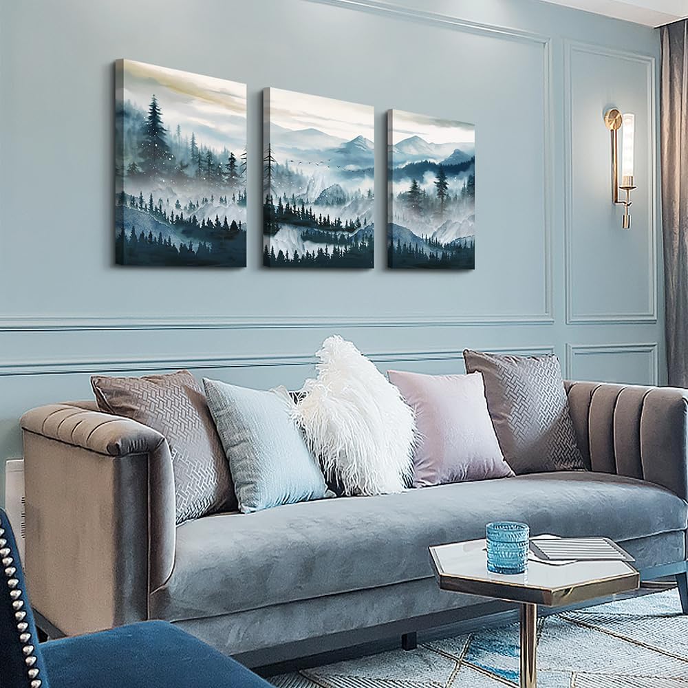 MHARTK66 Mountain Landscape Wall Art for Living Room, Large Foggy Forest Watercolor Artwork for Walls, 3 Piece Nature Mountain Forest Paintings Prints for Hallway Office Kitchen Wall Decor, 16x24 Inch