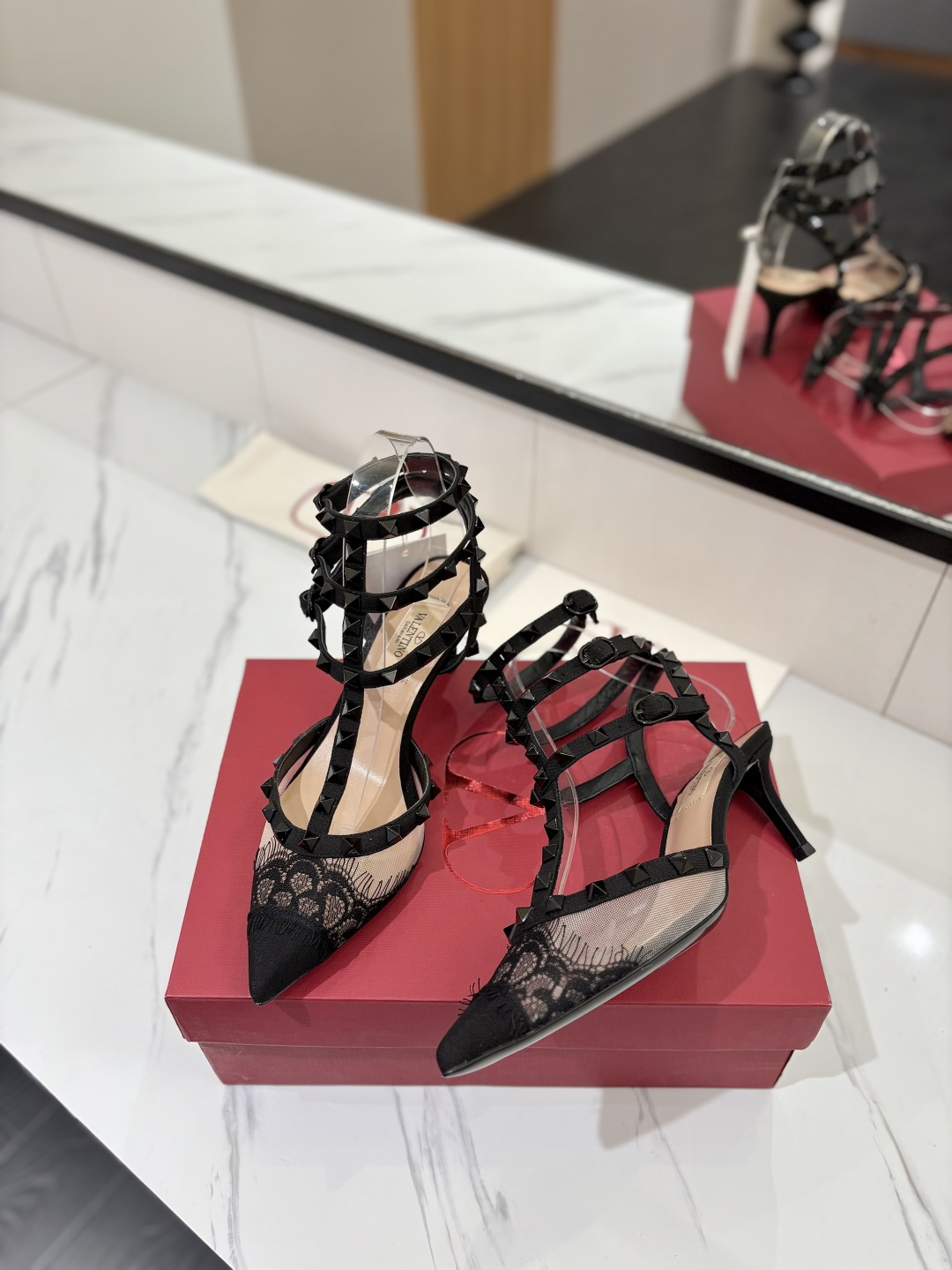 Valentino Rockstud Pointed Toe Triple Straps T-Strap Black Lace Mesh Pyramid Studded Pumps Heels - KAIROO