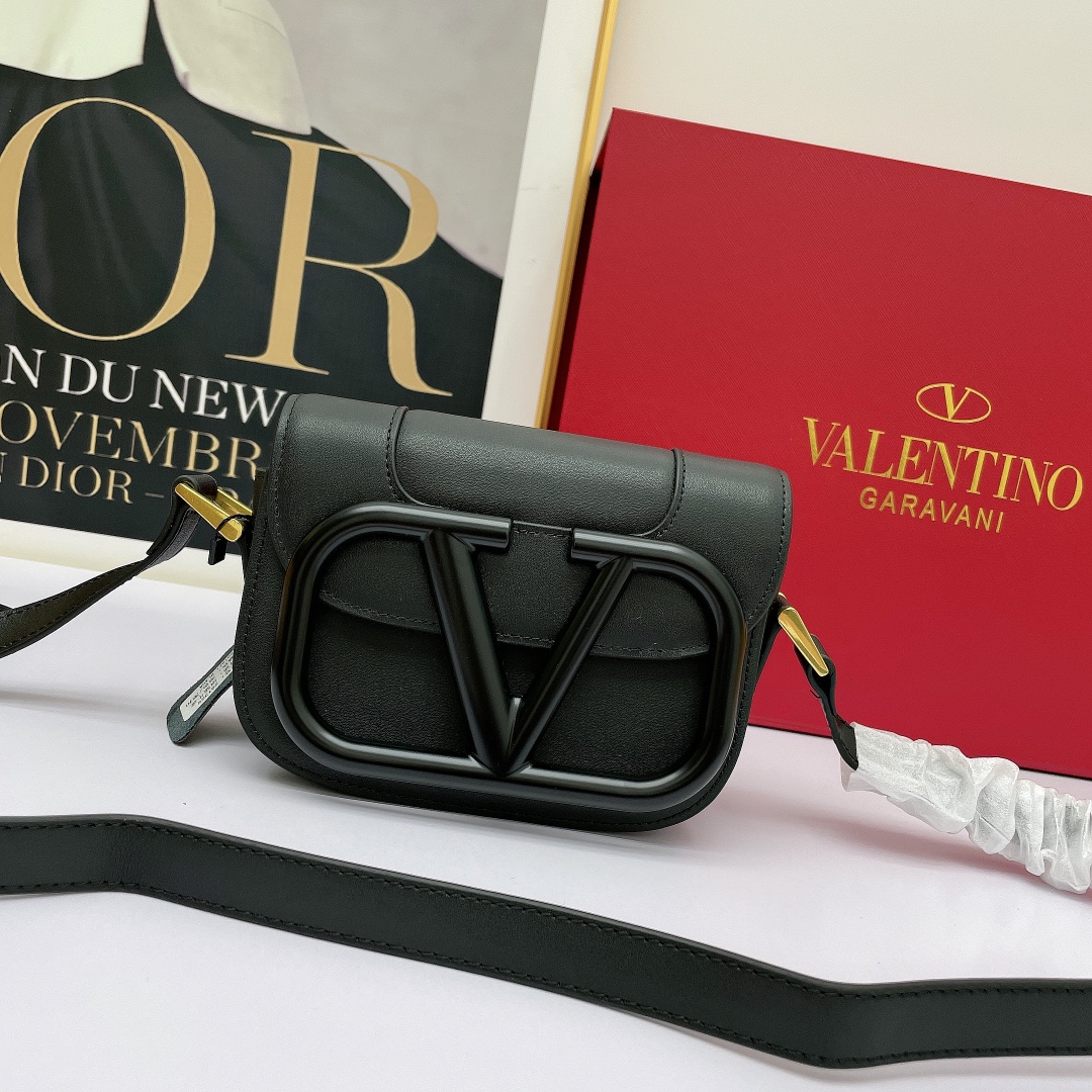 Valentino Mini& Small Oversized VLogo Signature Black Leather Maxi Tonal Hardware Flap Shoulder Bag - KAIROO
