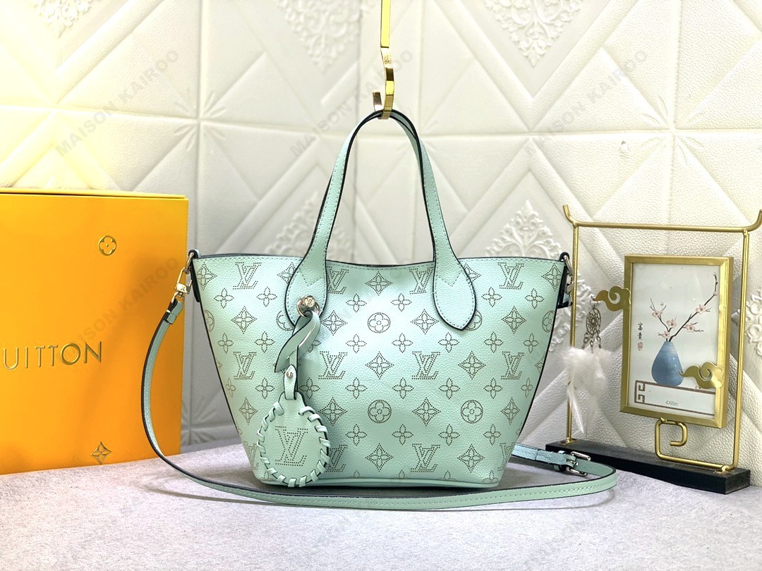 Louis Vuitton LV Mahina Blossom PM&MM Mint Green Dense Perforated Monogram Leather Basket Handle Tote Bag - KAIROO