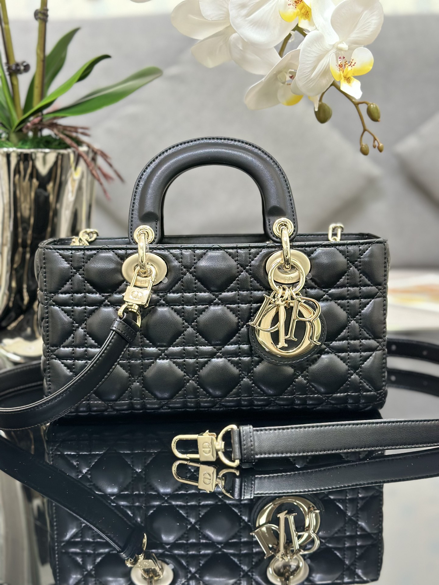 Medium Lady D-Joy Bag in Black Cannage Lambskin