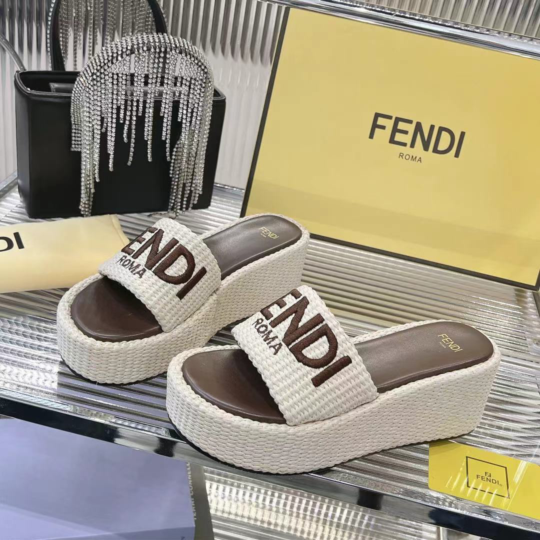 Fendi White Open Toe Fendi Roma Embroidered Raffia Weave Wedge Platform Slippers - KAIROO