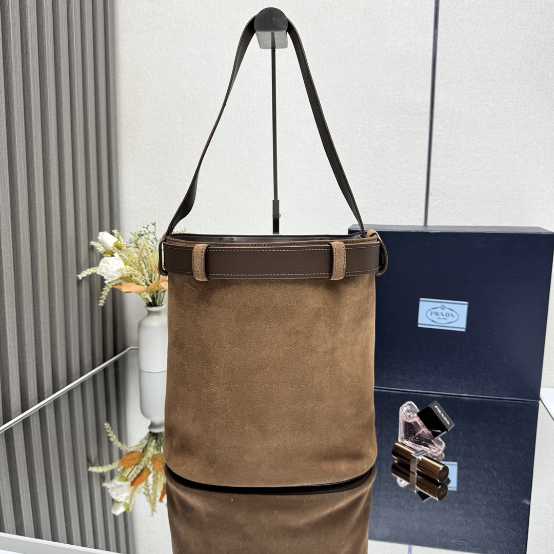 Prada Suede bucket bag with belt-Brown1BE085
