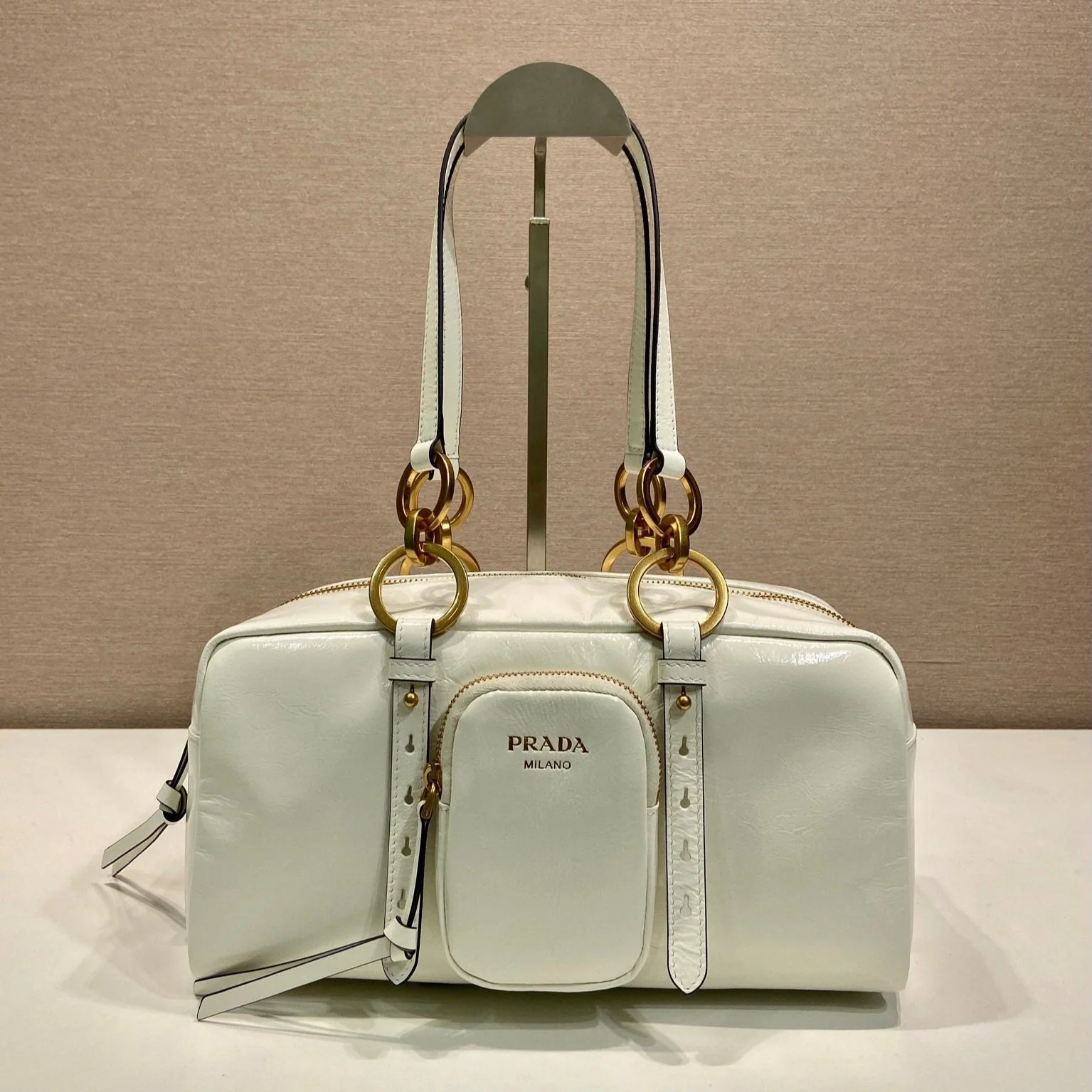 Prada LARGE RECTANGULAR BAG 30 IN WHITE OIL WAX LAMBSKIN GOLD HARDWARE