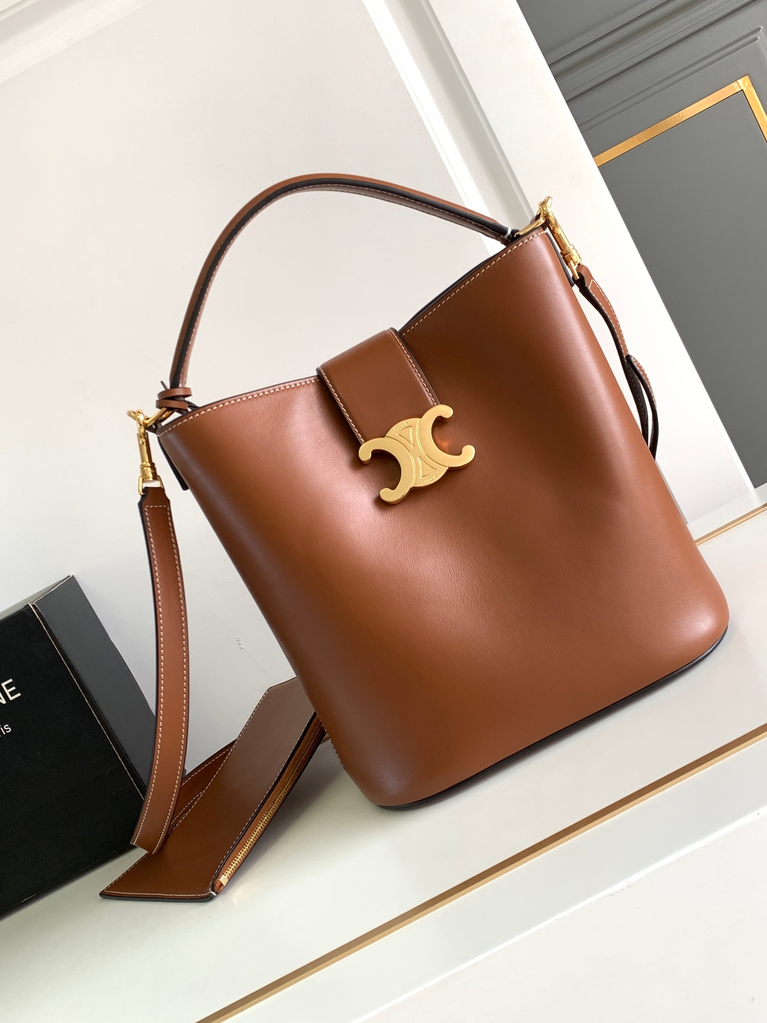 Celine Louise Medium Bucket Bag in Brown Calfskin