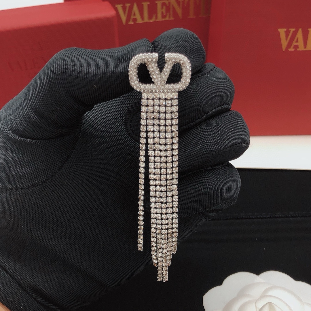 Valentino Silver Rhinestone Tassel Earrings
