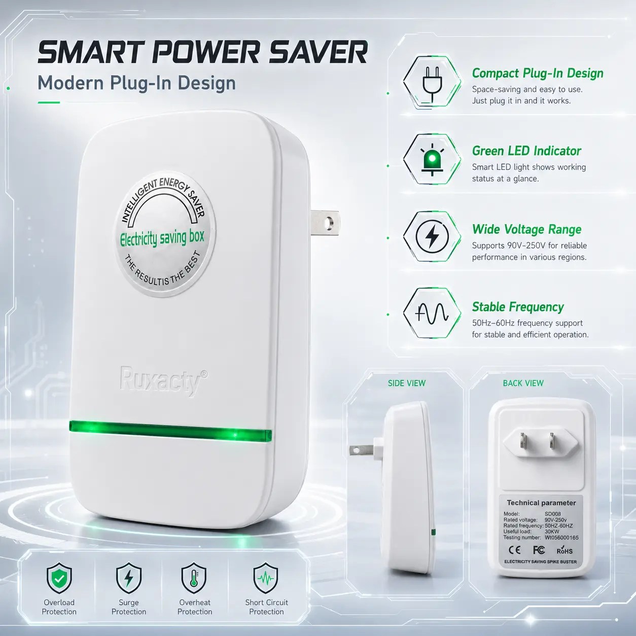 Compact Plug-In Power Box with US Plug, Built-In Indicator Light,