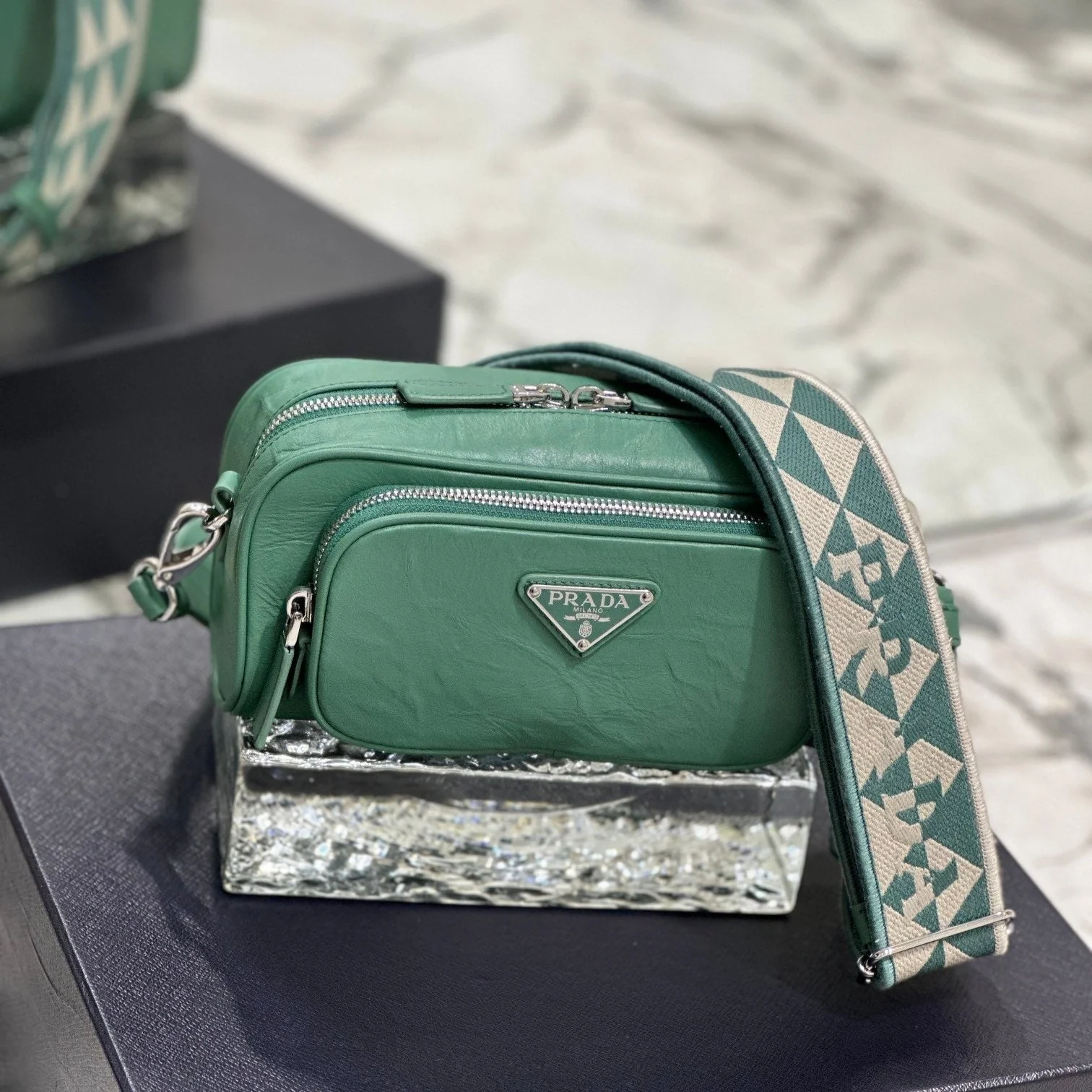 Prada CAMERA BAG 23 IN CASTLETON GREEN WRINKLED LAMBSKIN