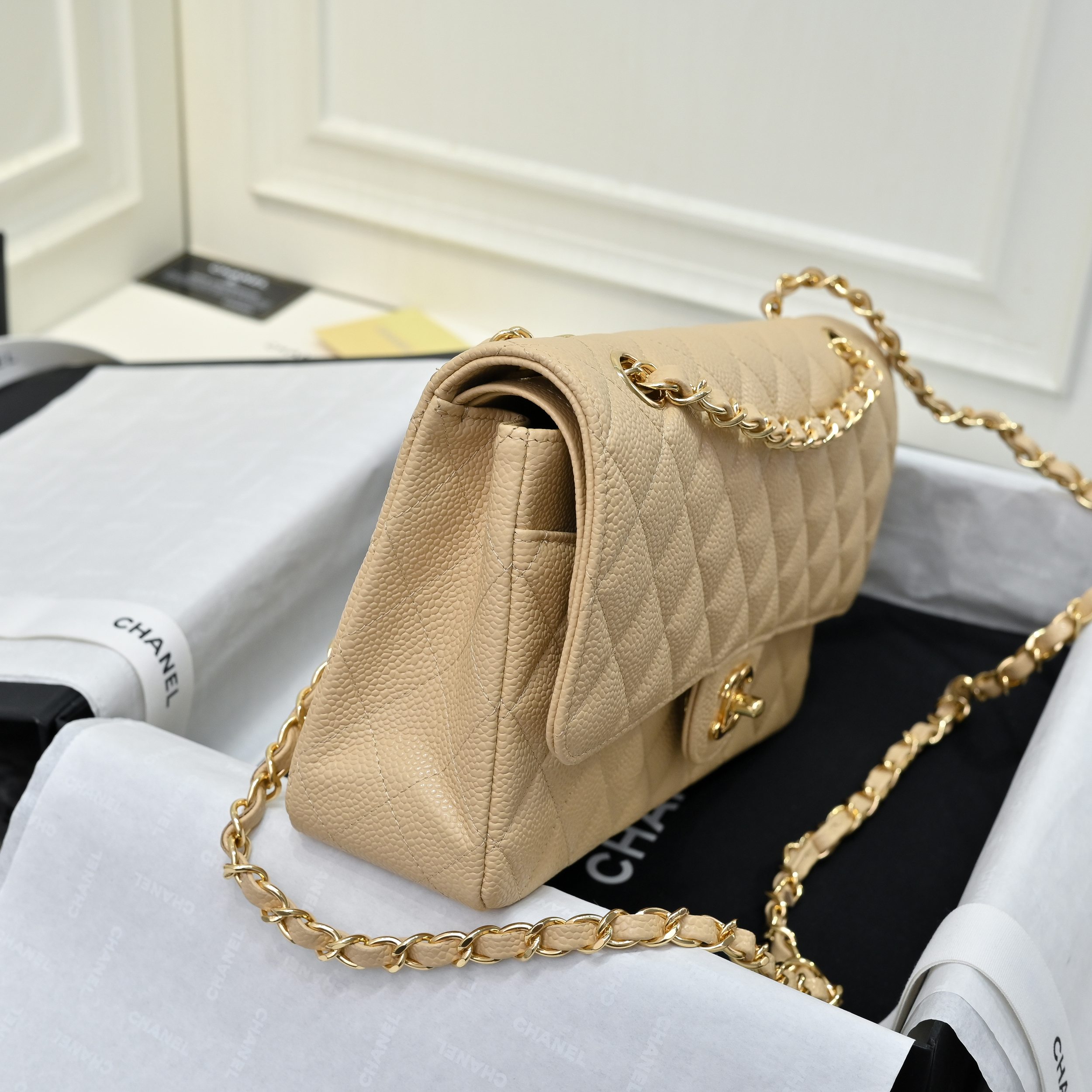 Chanel Classic 11.12 Handbag in Beige Caviar leather