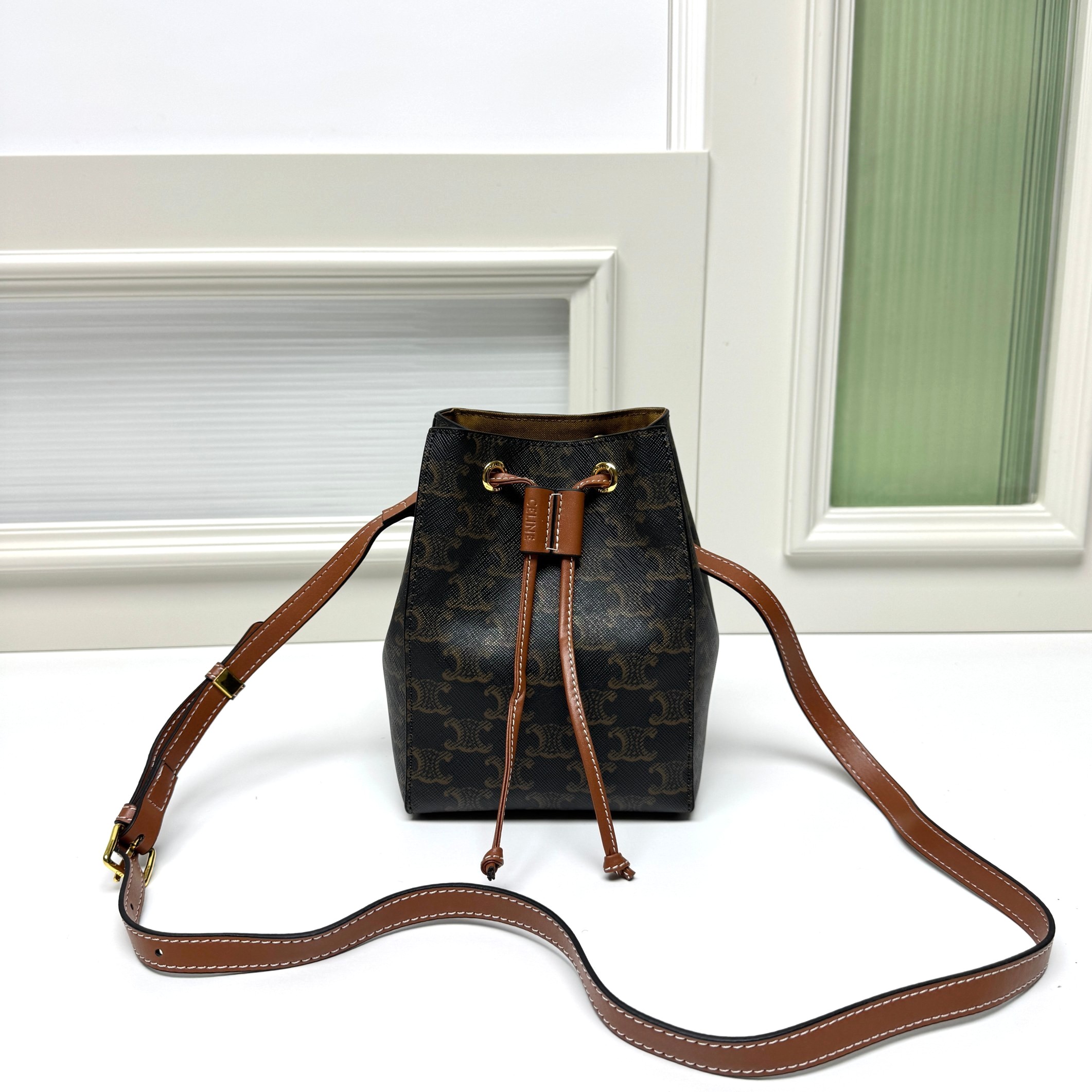 Celine Small Triomphe Monogram Canvas Leather Trim Crossbody Drawstring Bucket Bag - KAIROO