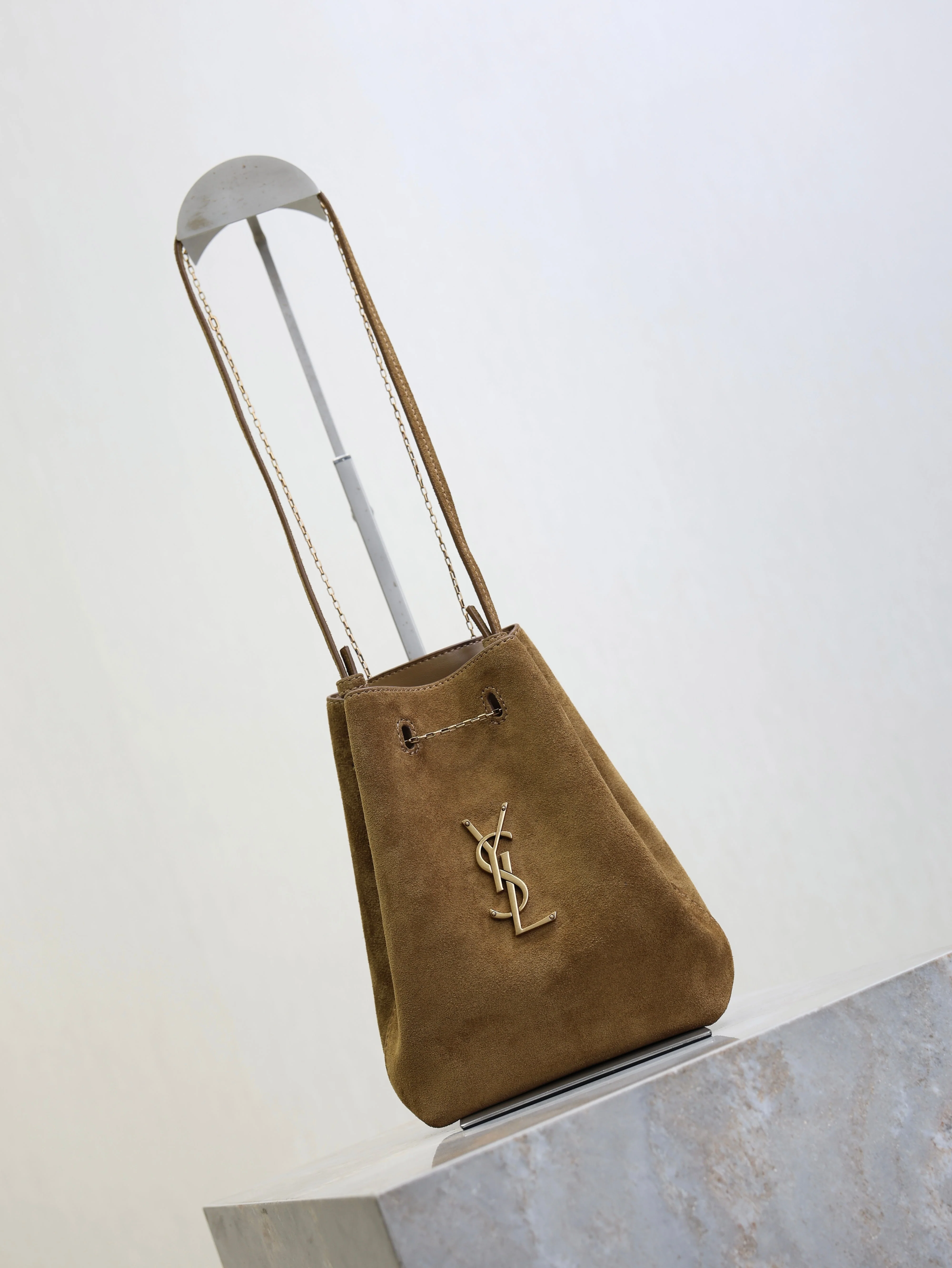 Saint Laurent YSL Pochon Bucket Bag 20cm Brown Suede Bronze-Tone HW