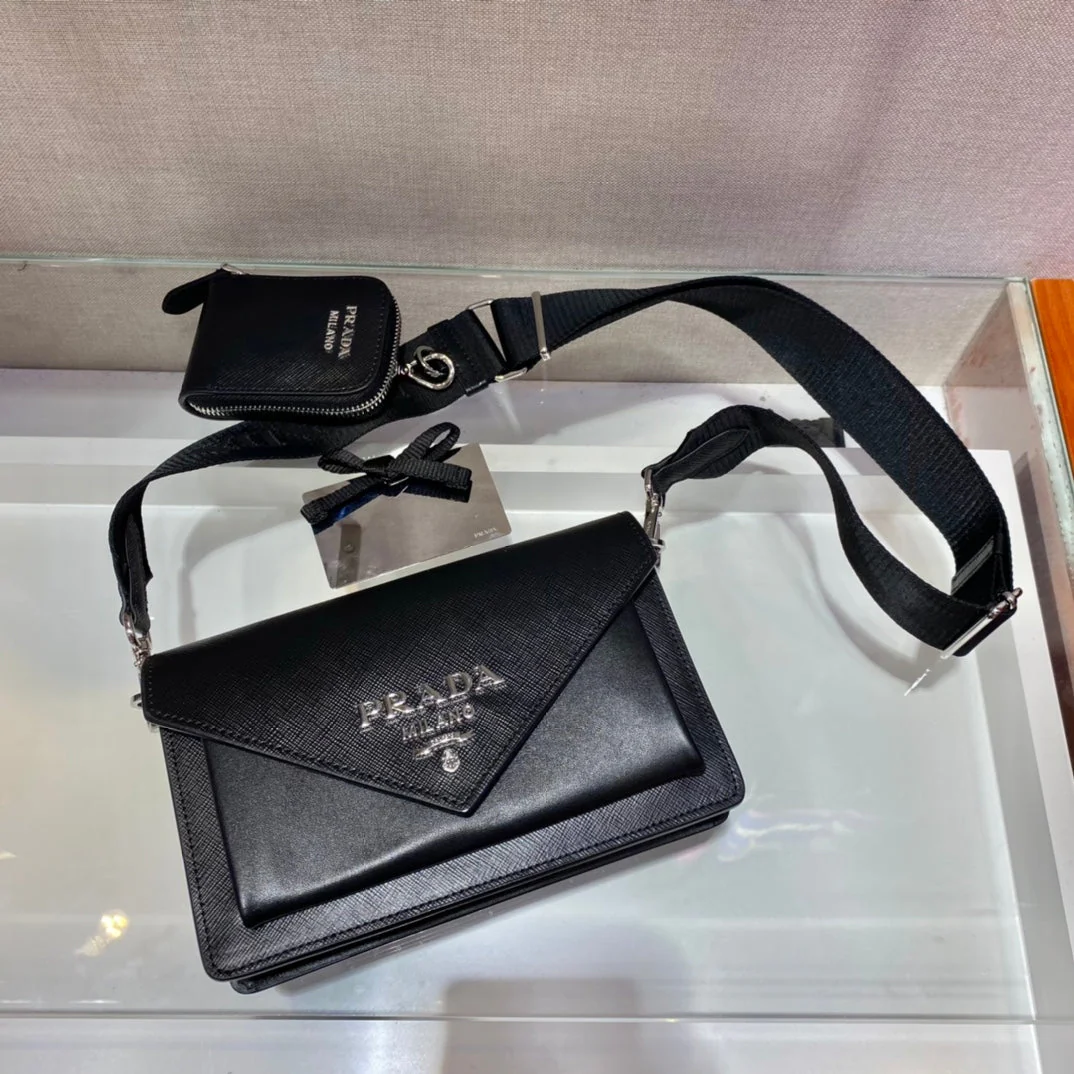 Prada ENVELOPE FLAP BAG 20 IN BLACK SAFFIANO LEATHER