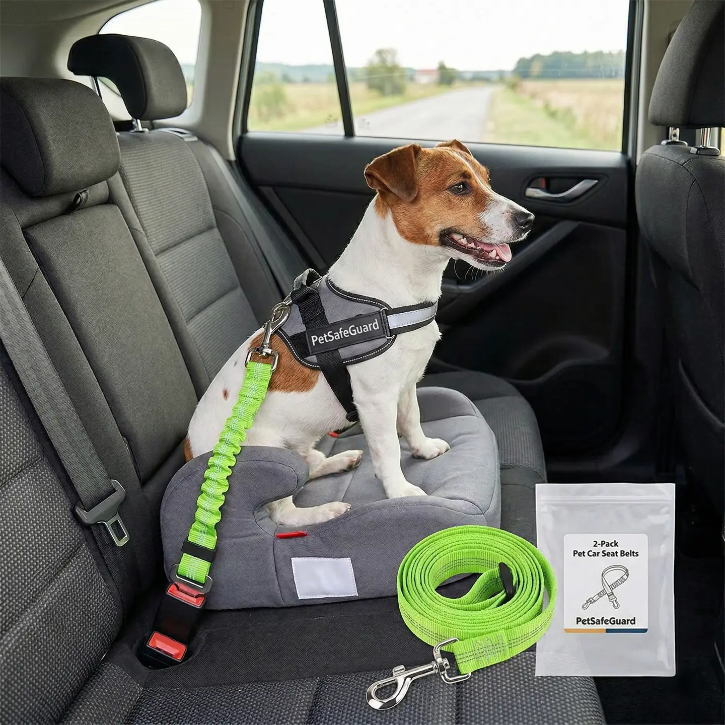 2-Pack Bungee Pet Car Seat Belts - 1-Second Click-in Dog Tether with Shock Absorber for Summer Road Trips (Black)