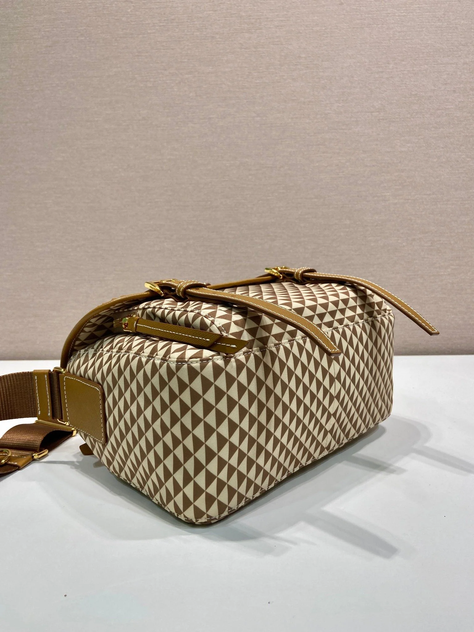 Prada MESSENGER BAG 25 IN BROWN MIX CREAM TRIANGLE PATTERN EMBROIDERED FABRIC