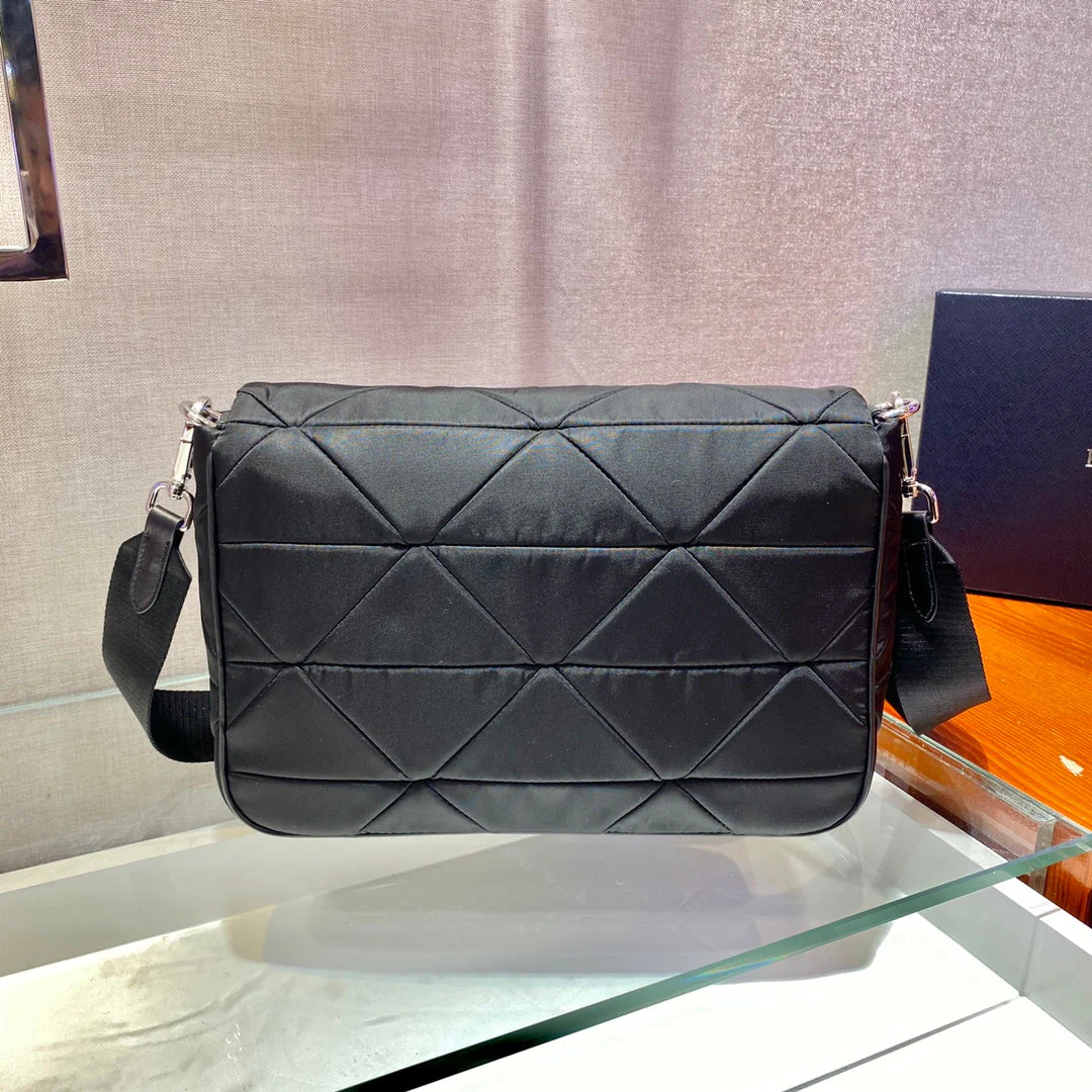 Prada LARGE FLAP BAG 28 IN BLACK TRIANGULAR QUILTED PATTERN RE-NYLON