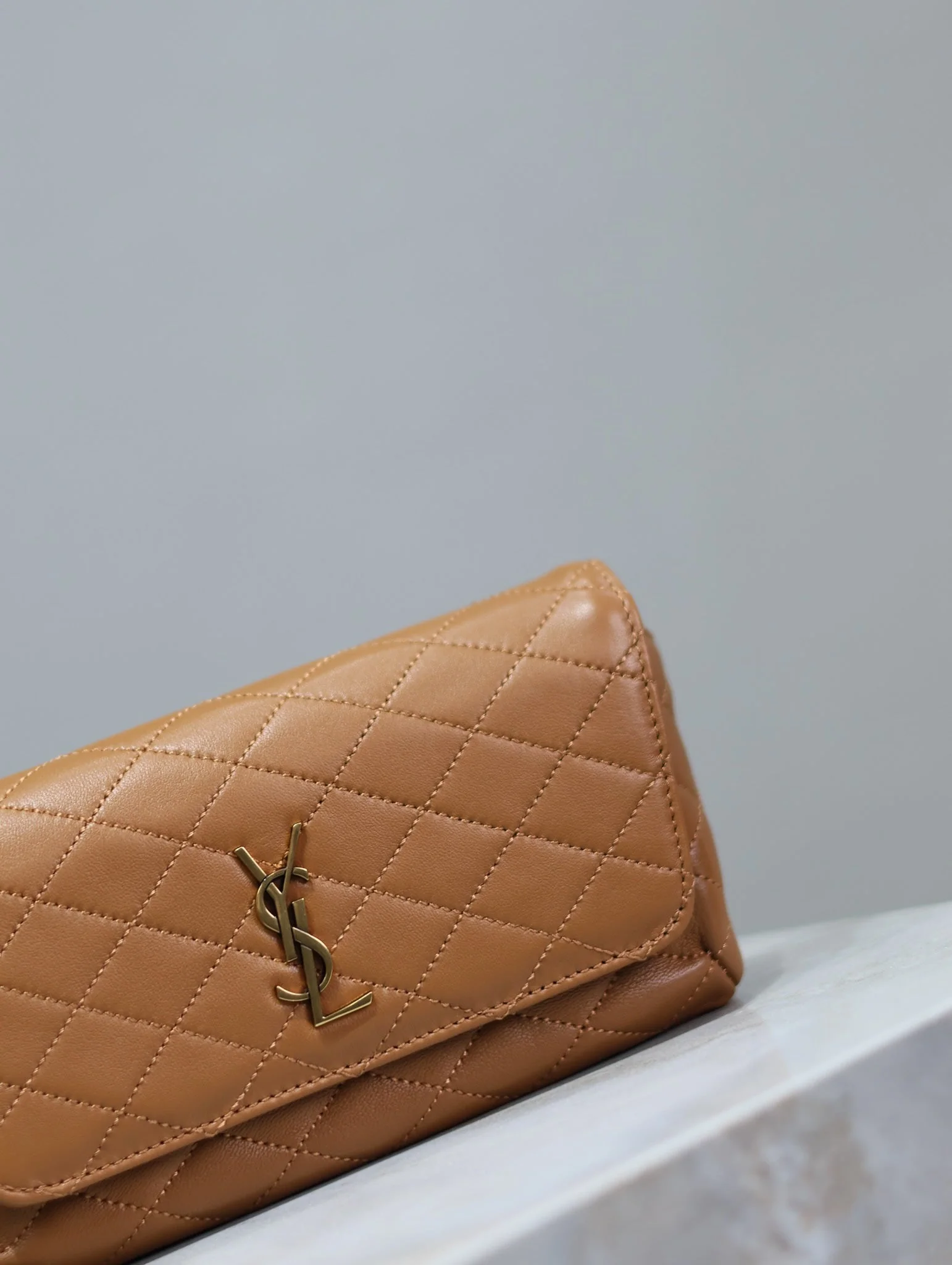 Saint Laurent YSL Gaby Phone Bag 19cm Light Brown Quilted Leather GHW