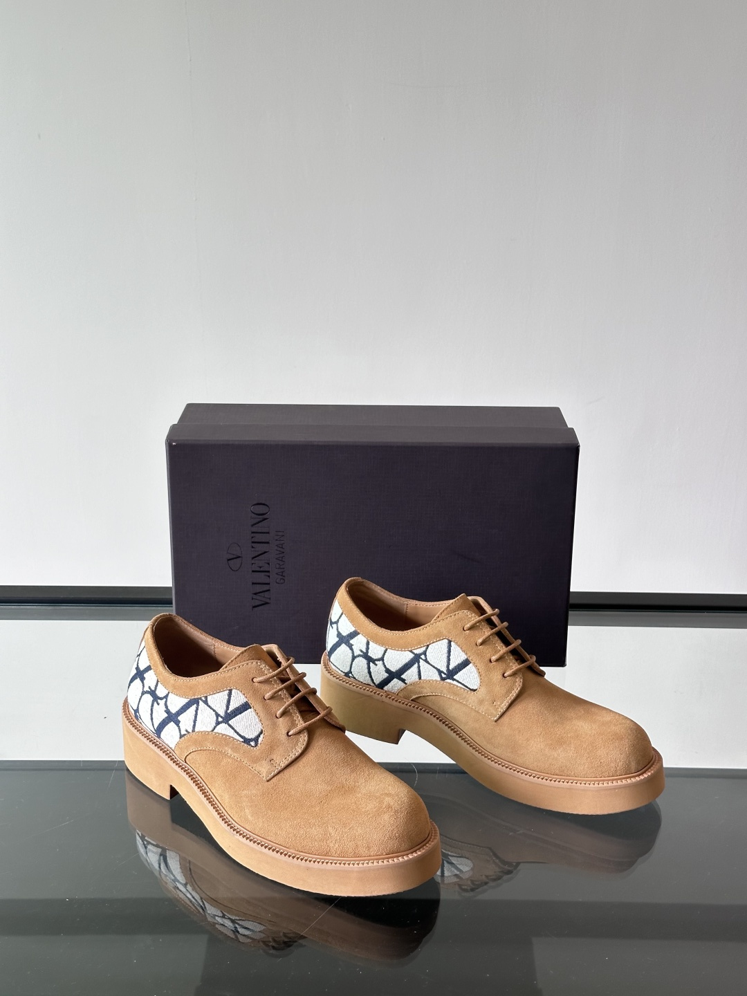 Valentino Garavani Brown Suede Toile Iconographe Canvas Panel Derby Loafers Platform Shoes - KAIROO